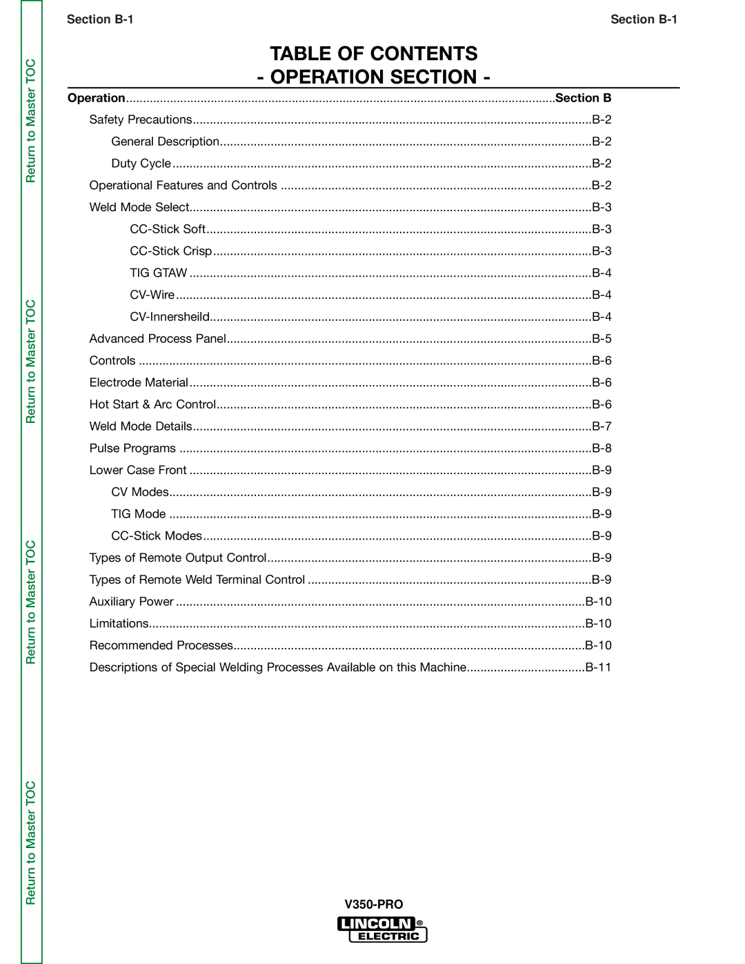 Lincoln Electric SVM158-A service manual Table of Contents Operation Section 