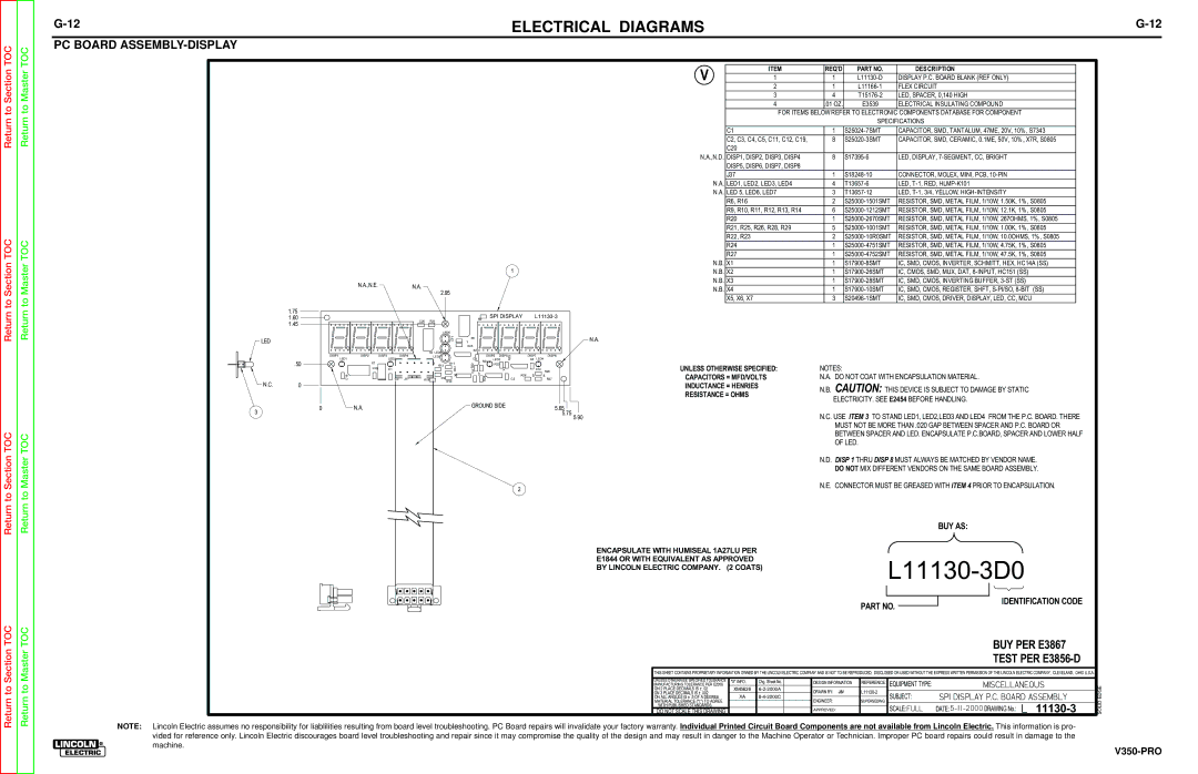 Lincoln Electric SVM158-A service manual PC Board ASSEMBLY-DISPLAY, TEM Reqd Description 