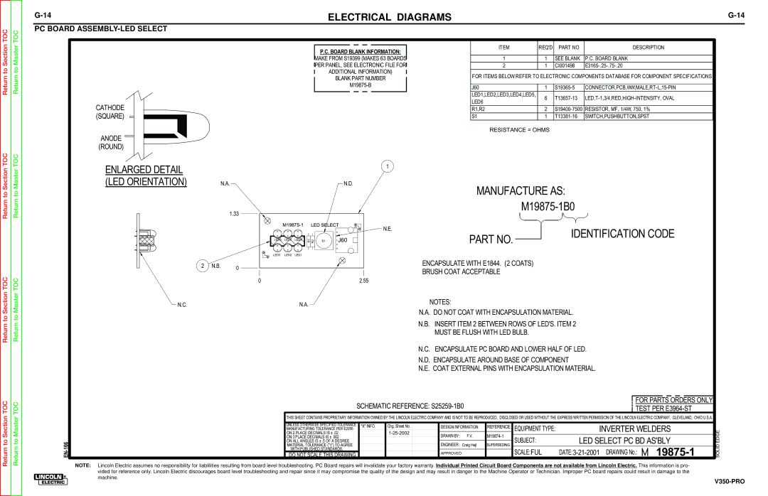 Lincoln Electric SVM158-A service manual PC Board ASSEMBLY-LED Select, Blank Part Number 