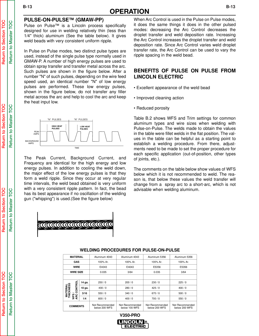 Lincoln Electric SVM158-A service manual Pulse-On-Pulse Gmaw-Pp, Welding Procedures for PULSE-ON-PULSE 