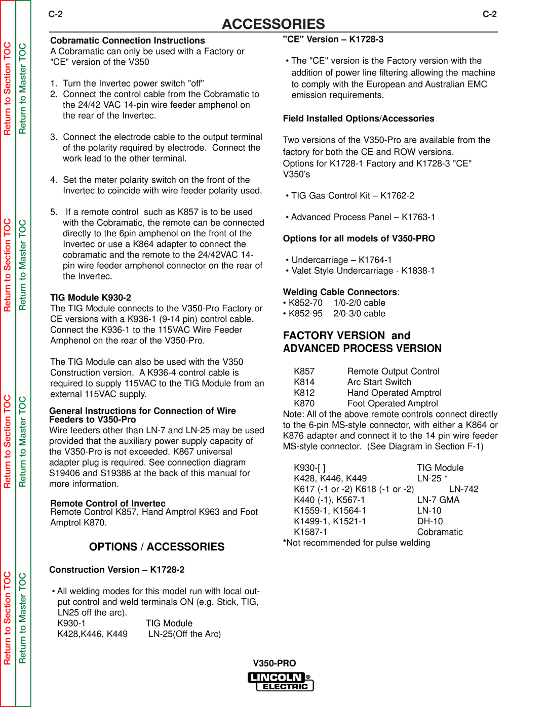 Lincoln Electric SVM158-A service manual Options / Accessories, Advanced Process Version 