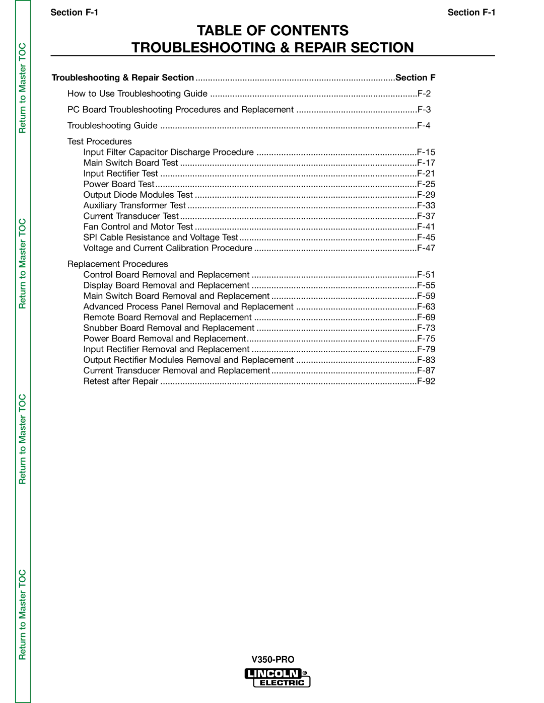 Lincoln Electric SVM158-A service manual Table of Contents Troubleshooting & Repair Section 