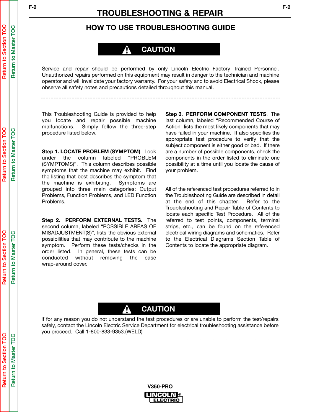 Lincoln Electric SVM158-A service manual Troubleshooting & Repair, HOW to USE Troubleshooting Guide 