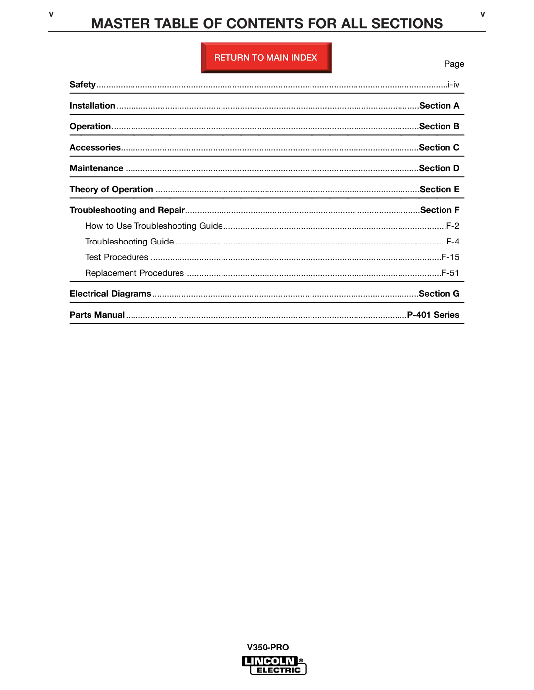 Lincoln Electric SVM158-A service manual Master Table of Contents for ALL Sections 