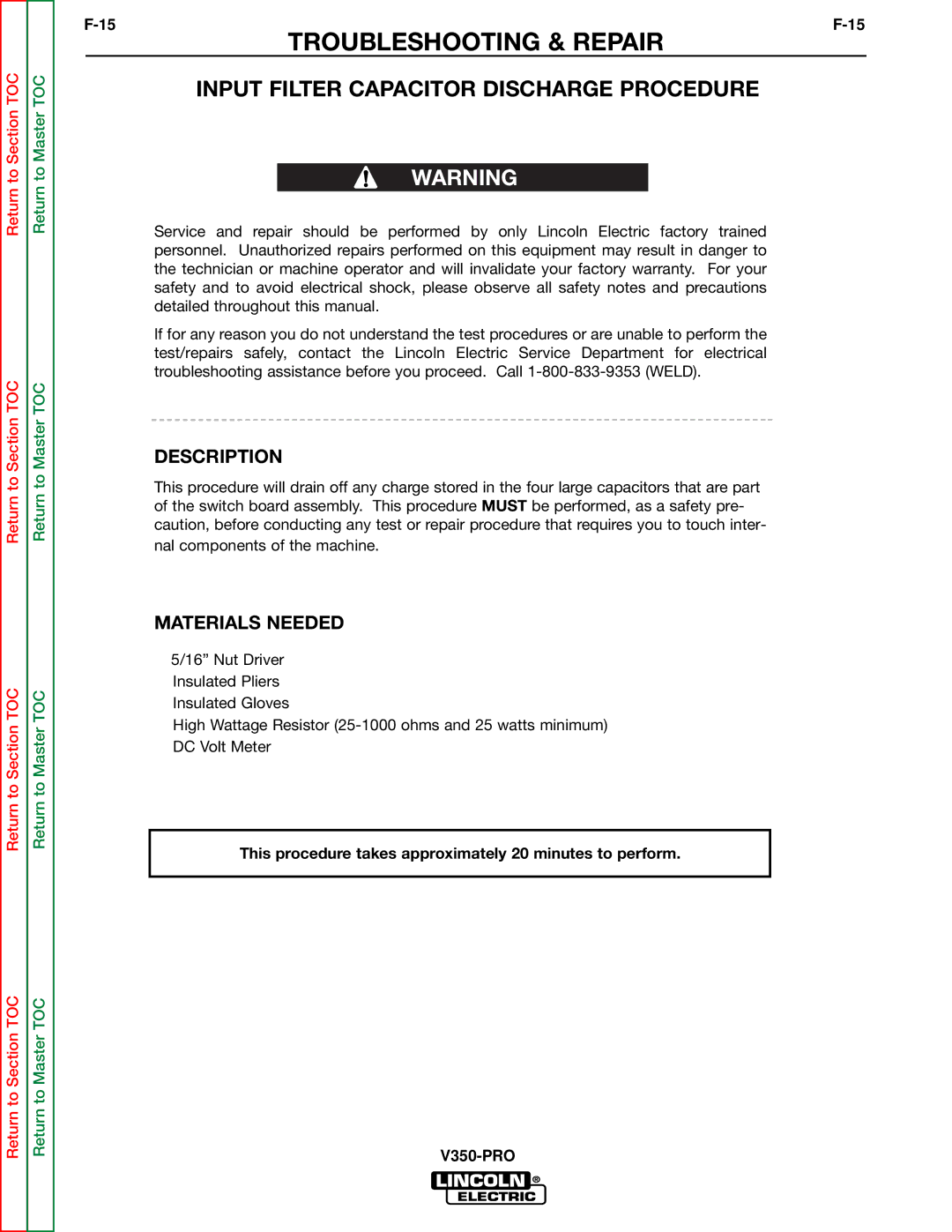 Lincoln Electric SVM158-A service manual Input Filter Capacitor Discharge Procedure, Materials Needed 