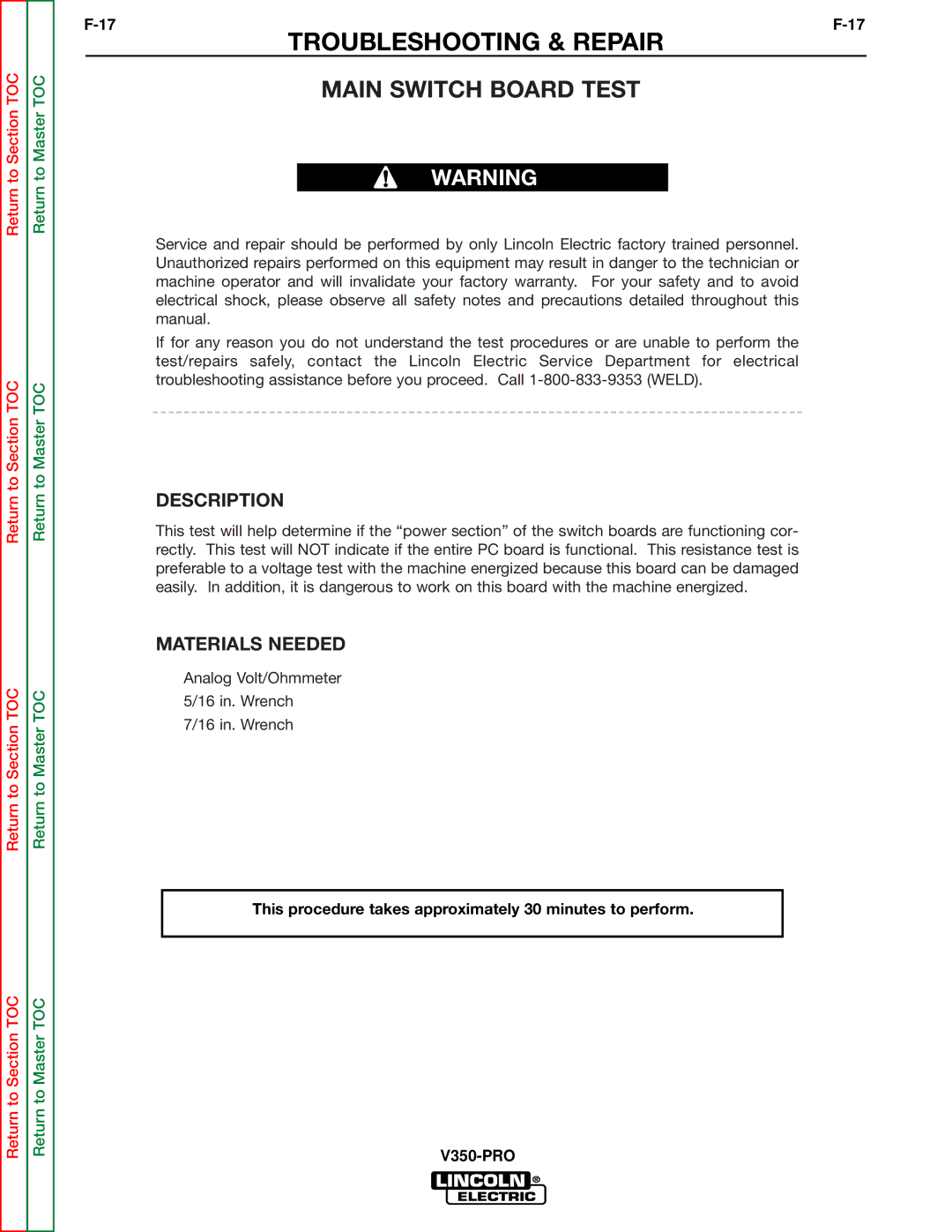 Lincoln Electric SVM158-A service manual Main Switch Board Test 