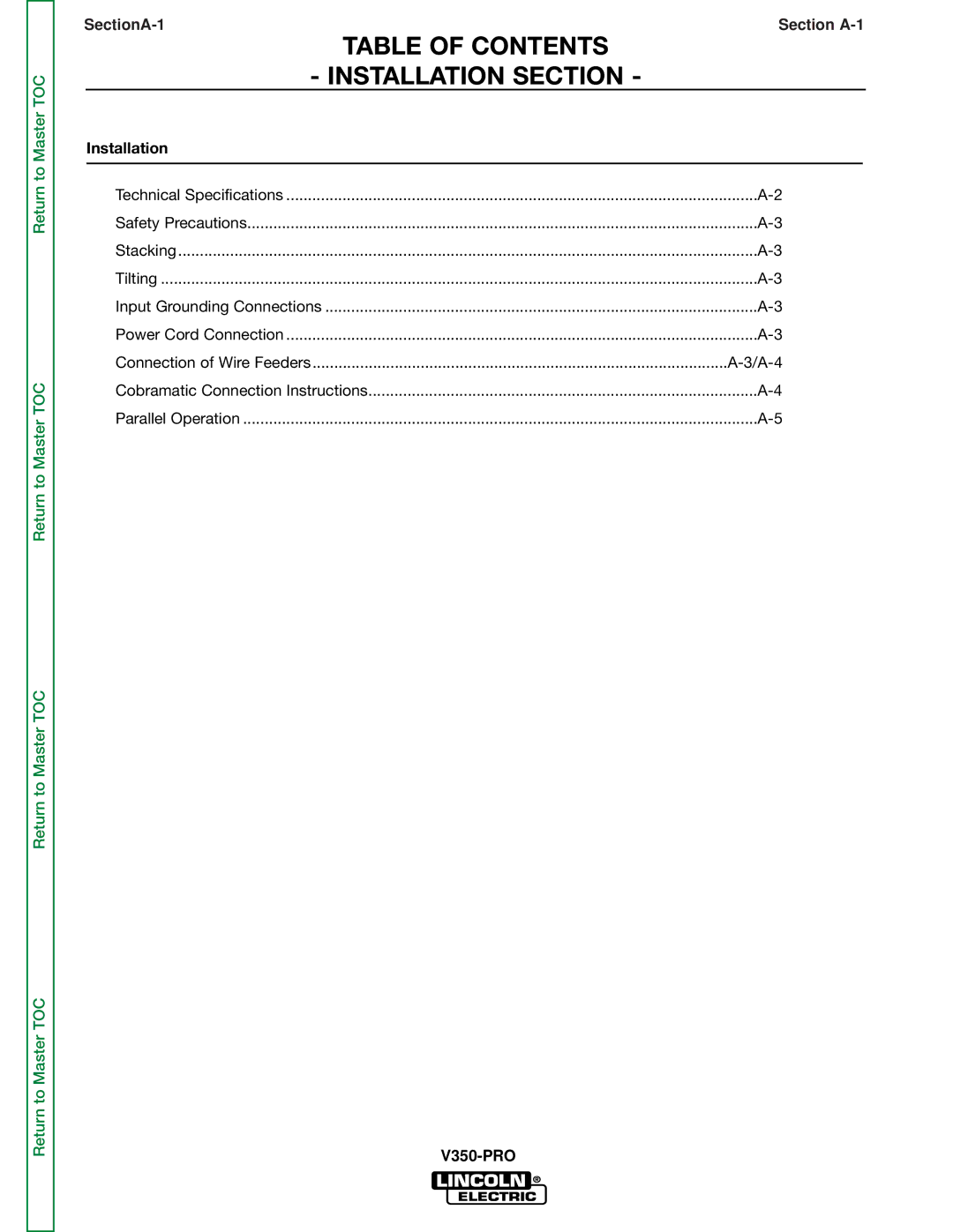 Lincoln Electric SVM158-A service manual Table of Contents Installation Section 