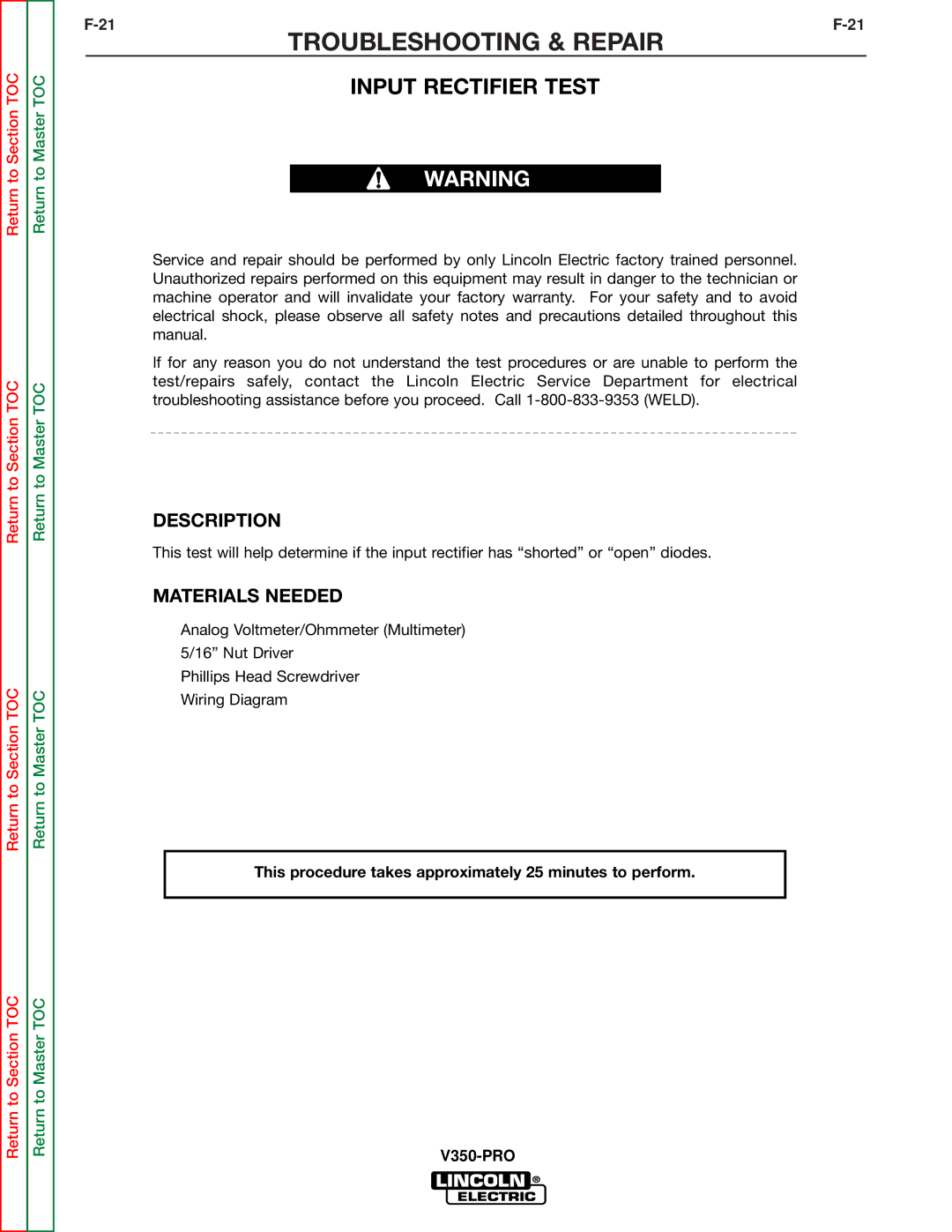 Lincoln Electric SVM158-A service manual Troubleshooting & Repair, Input Rectifier Test 