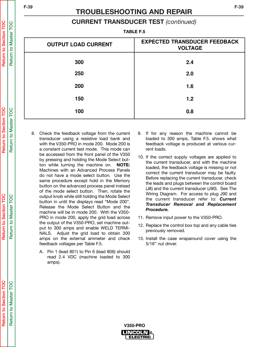 Lincoln Electric SVM158-A service manual Output Load Current, Transducer Removal and Replacement Procedure 