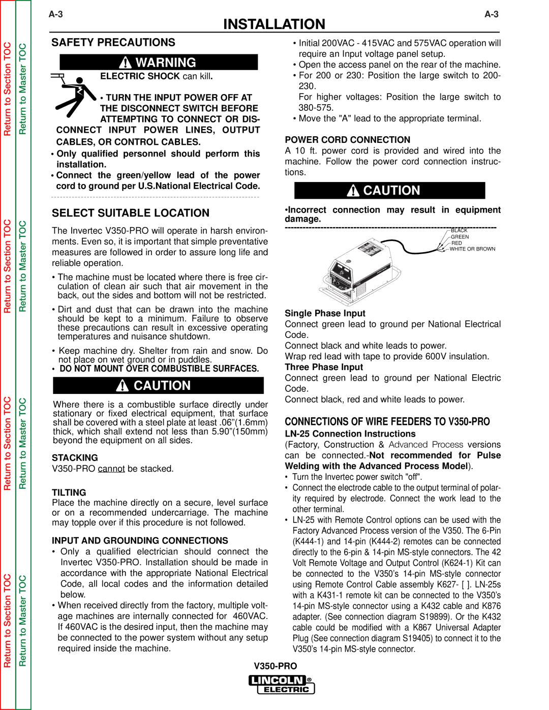 Lincoln Electric SVM158-A Safety Precautions, Select Suitable Location, Connections of Wire Feeders to V350-PRO 