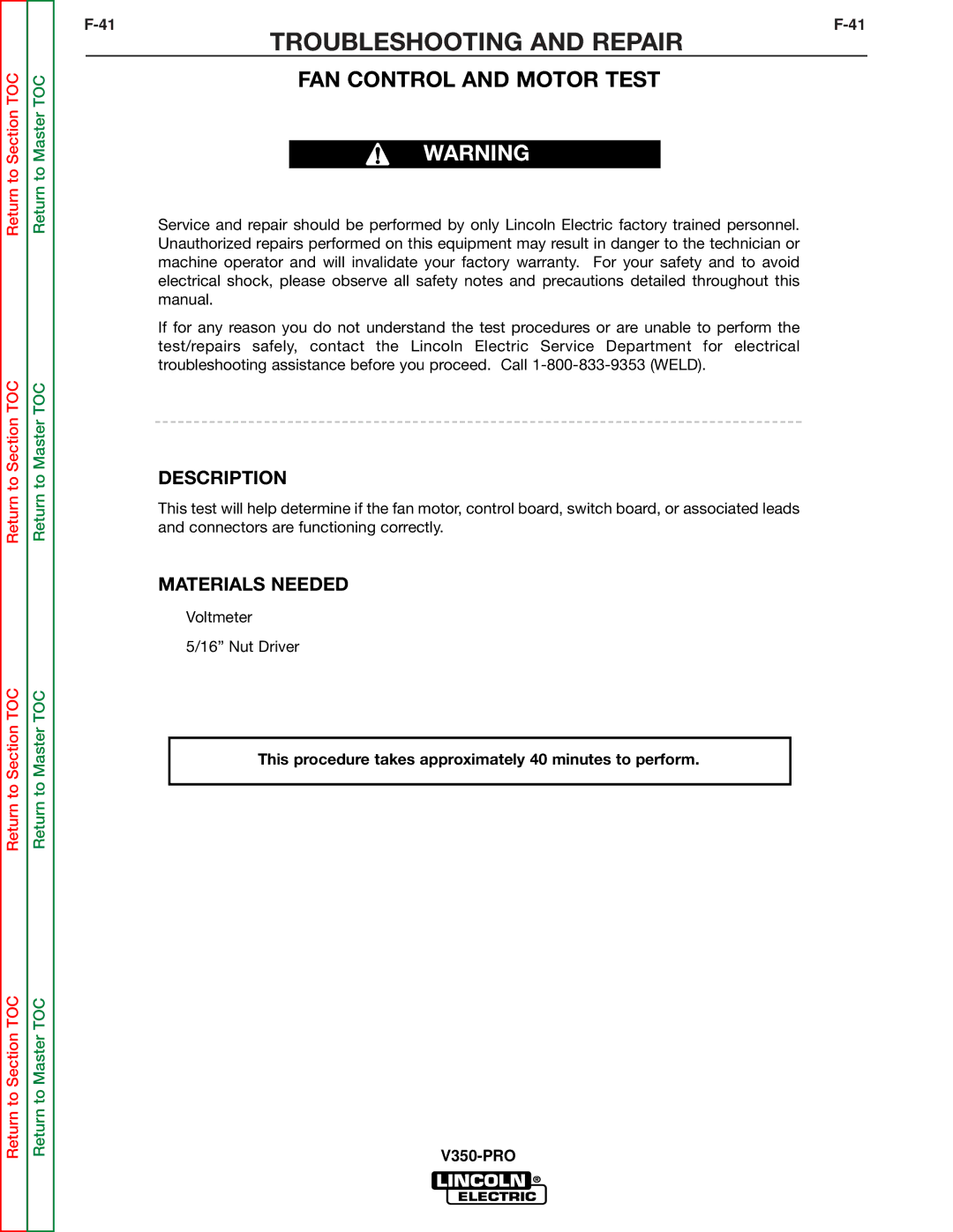 Lincoln Electric SVM158-A service manual FAN Control and Motor Test 