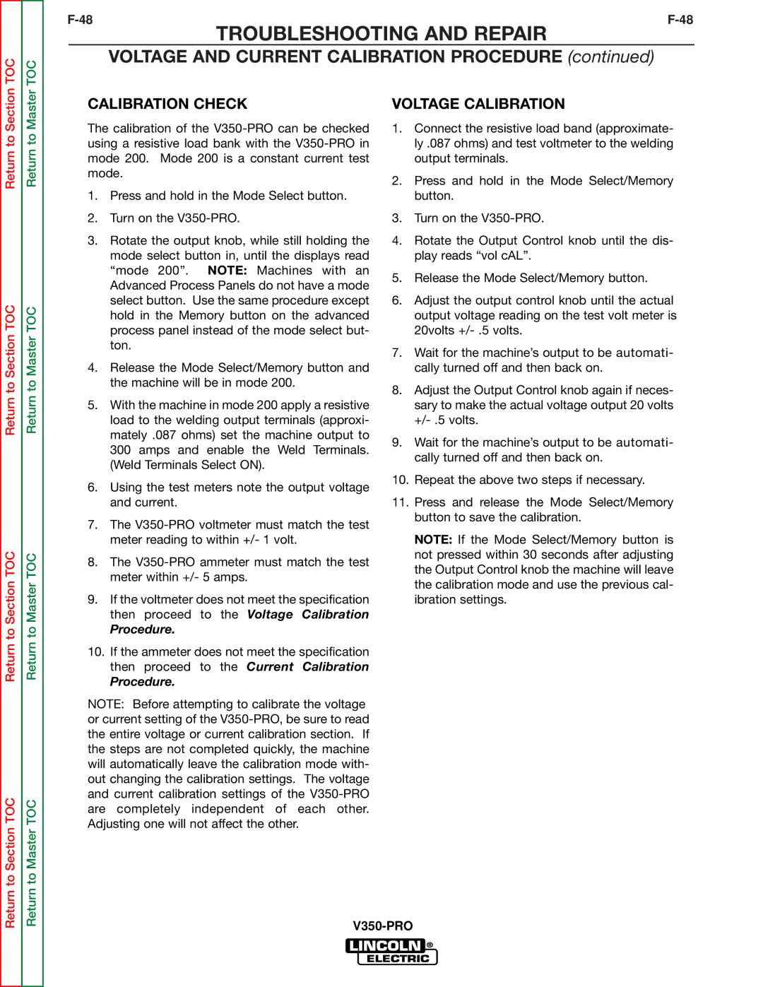 Lincoln Electric SVM158-A service manual Voltage and Current Calibration Procedure 