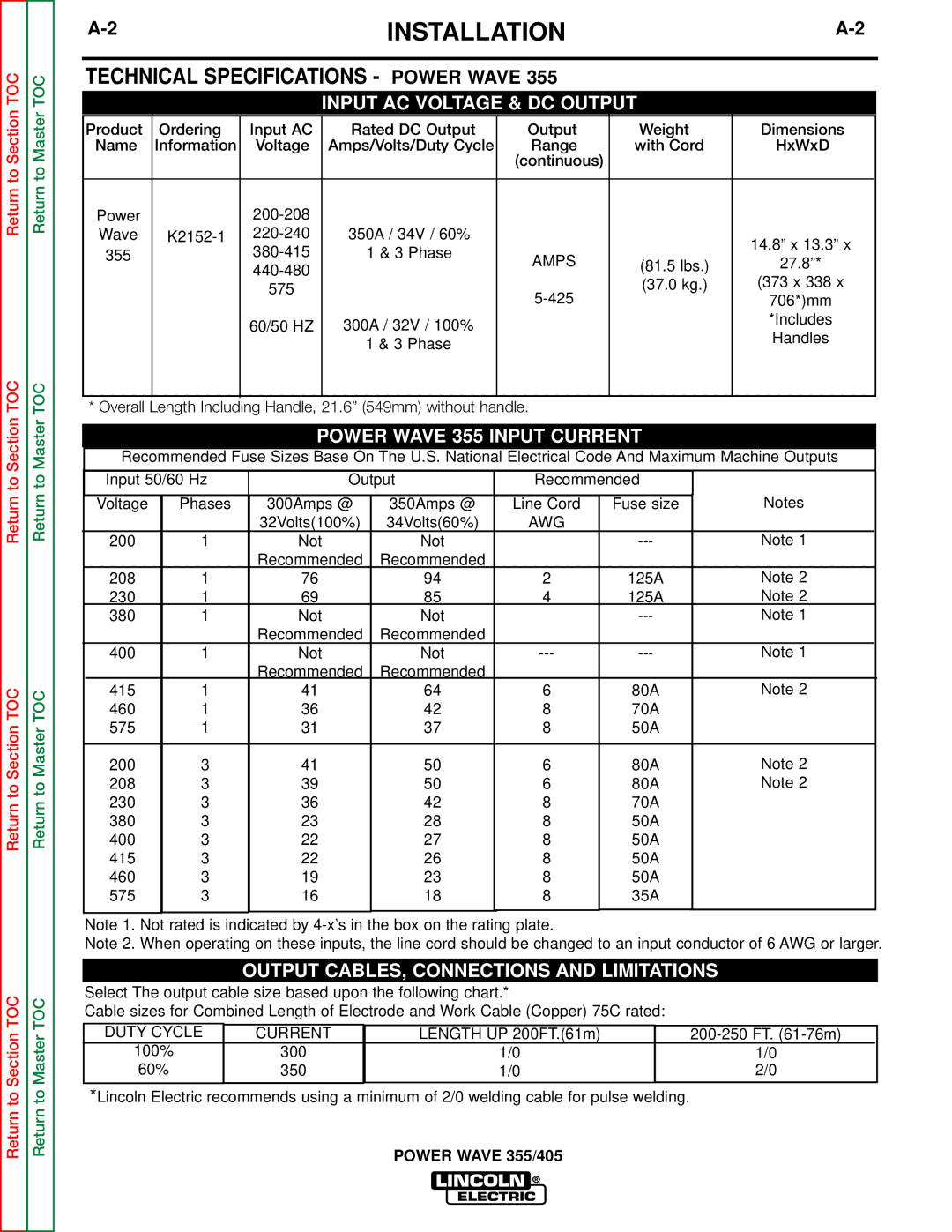 Lincoln Electric SVM159-A service manual Installation, Technical Specifications Power Wave 