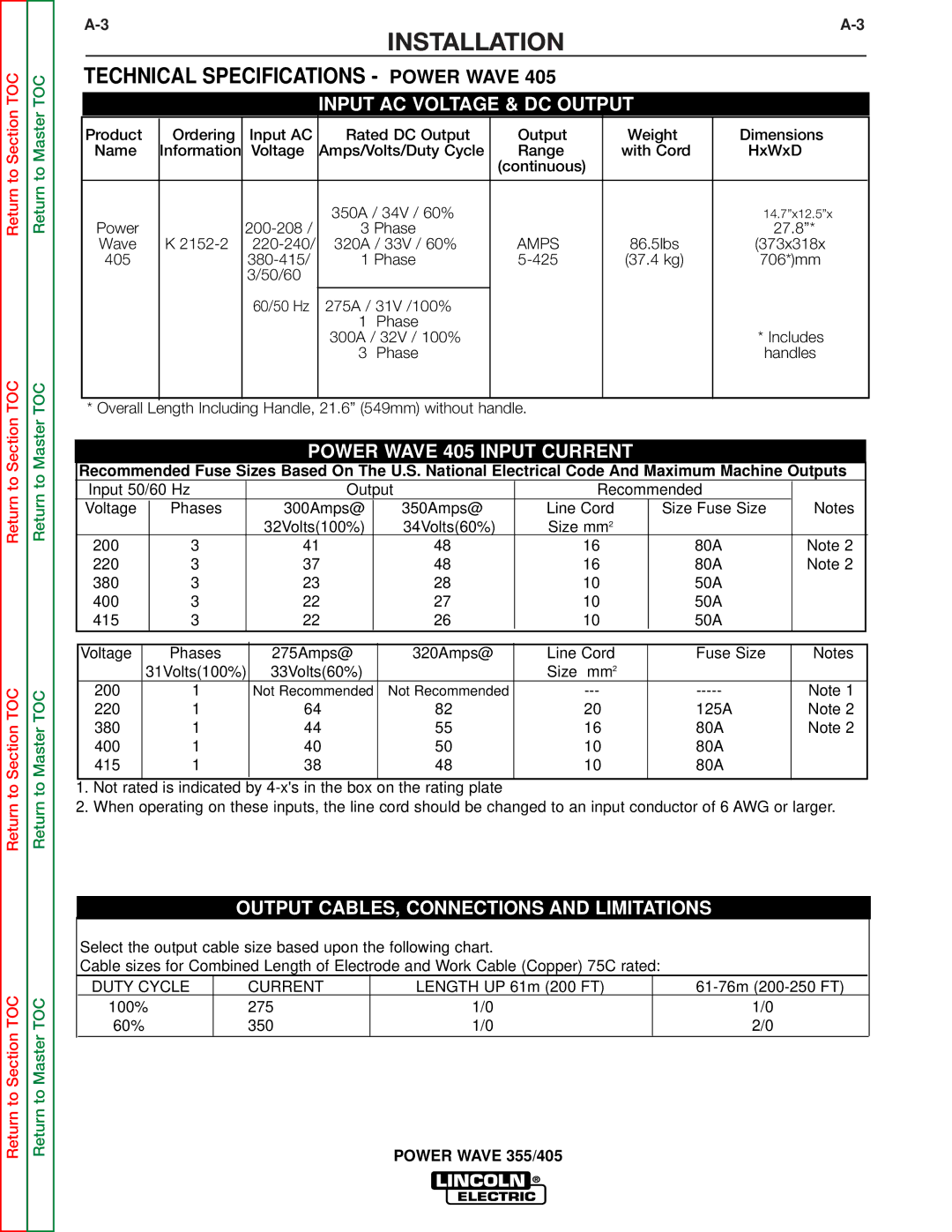 Lincoln Electric SVM159-A service manual Power Wave 405 Input Current 