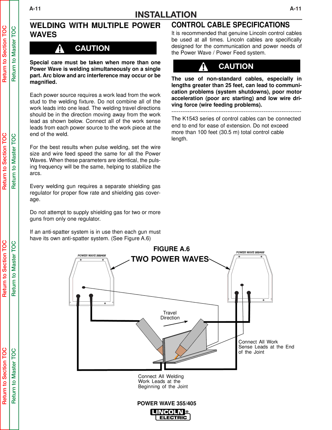 Lincoln Electric SVM159-A service manual Welding with Multiple Power Waves, Control Cable Specifications, TWO Power Waves 