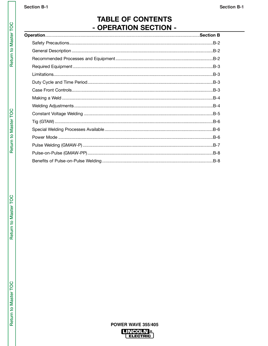 Lincoln Electric SVM159-A service manual Table of Contents Operation Section 