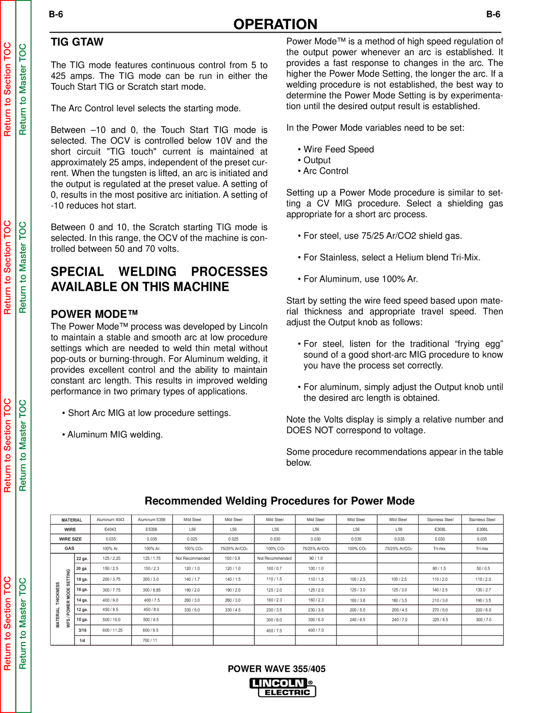 Lincoln Electric SVM159-A service manual Special Welding Processes Available on this Machine, TIG Gtaw, Power Mode 