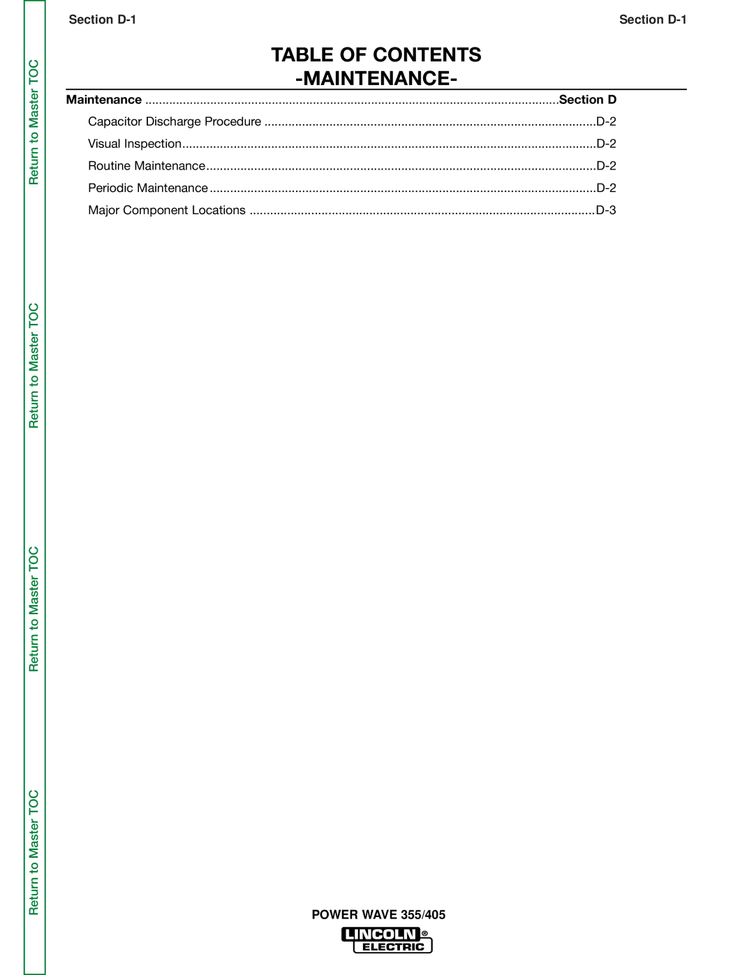 Lincoln Electric SVM159-A service manual Table of Contents, Maintenance 