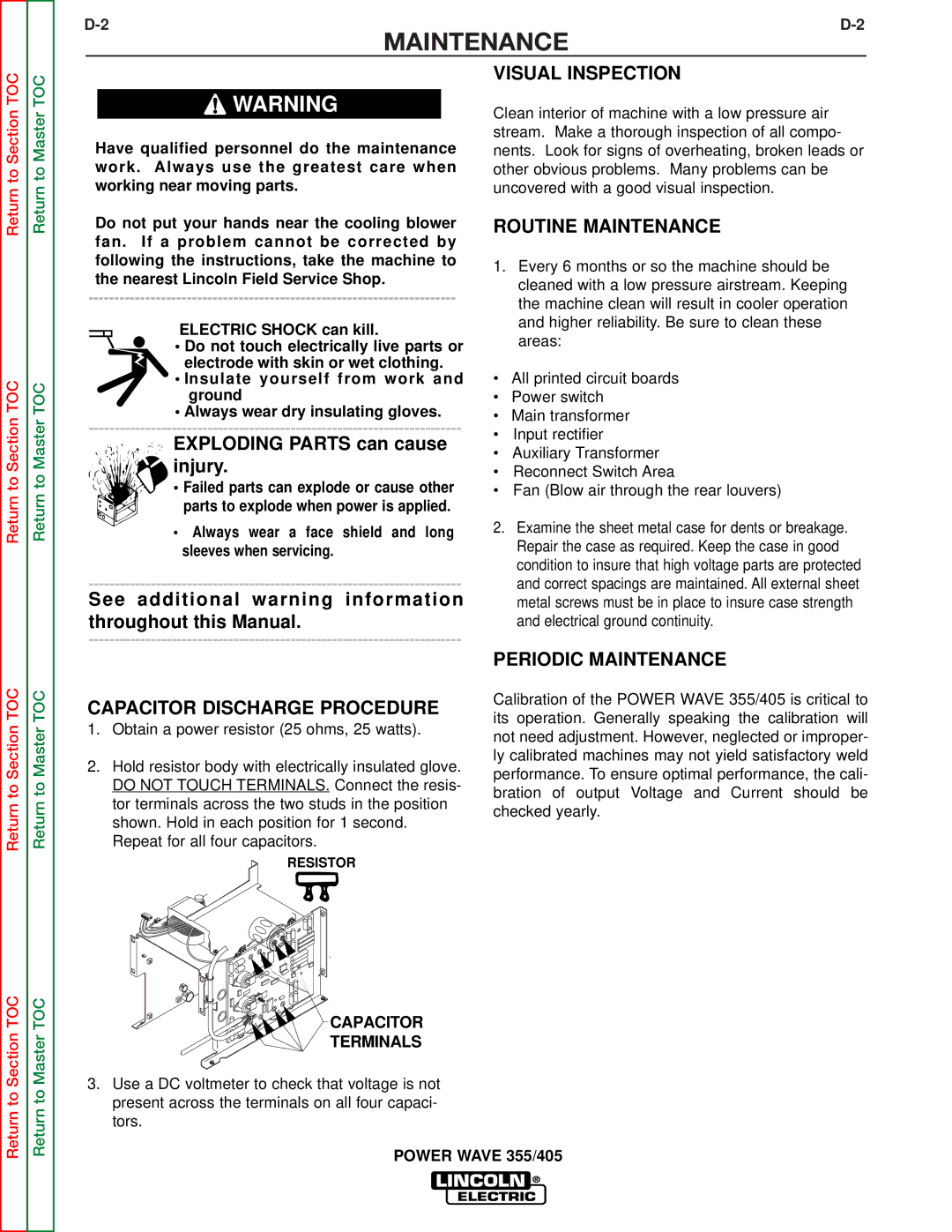 Lincoln Electric SVM159-A Visual Inspection, Capacitor Discharge Procedure, Routine Maintenance, Periodic Maintenance 