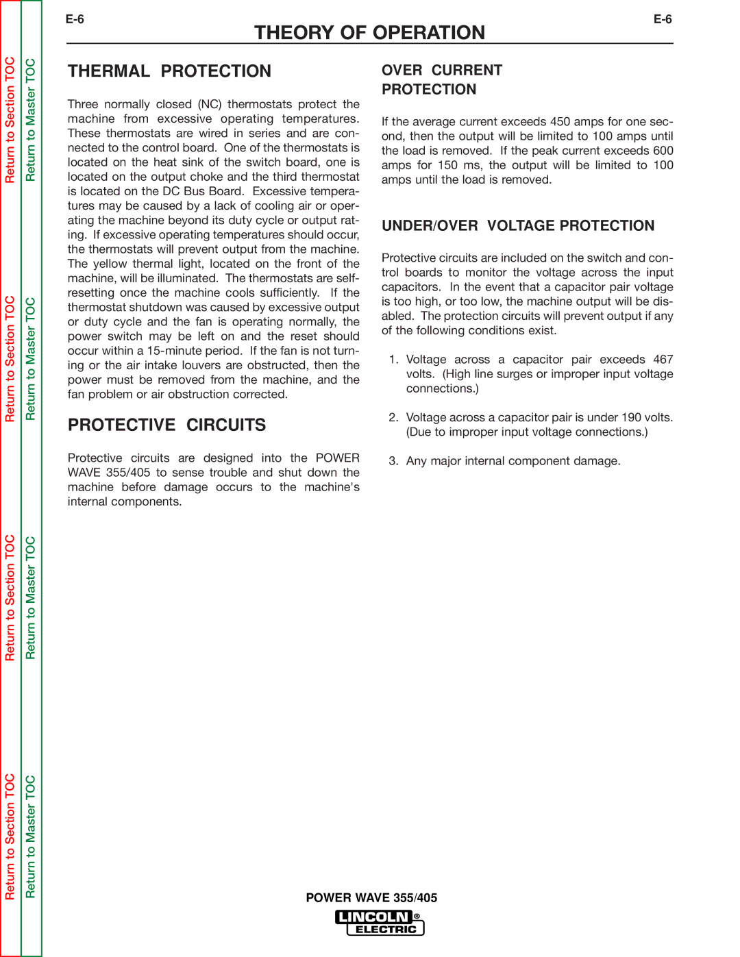 Lincoln Electric SVM159-A Thermal Protection, Protective Circuits, Over Current Protection, UNDER/OVER Voltage Protection 