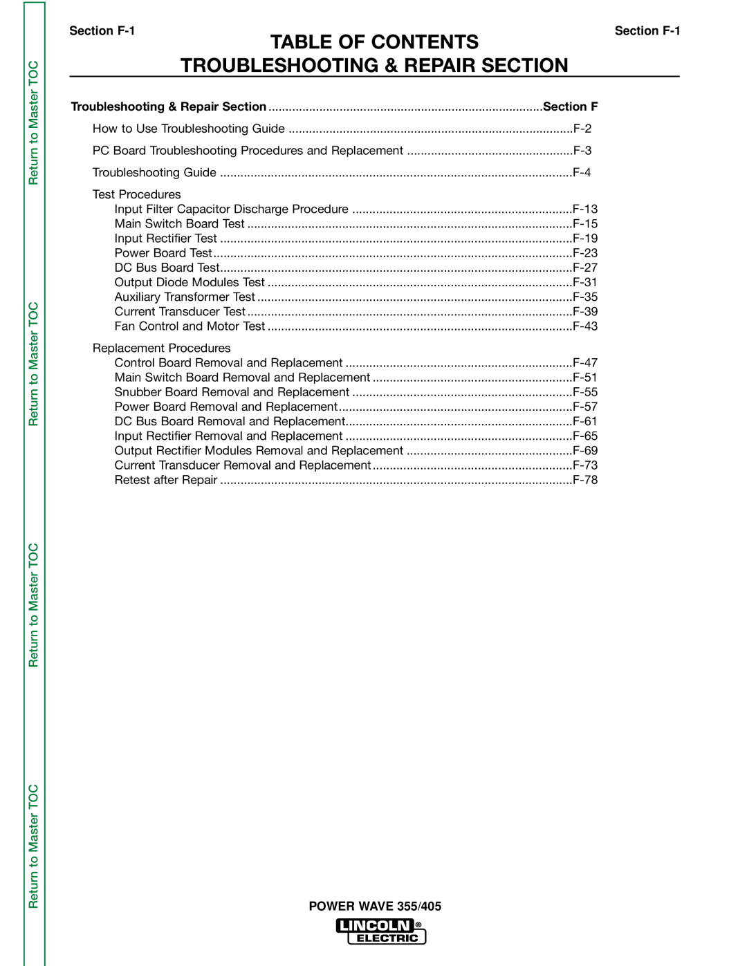 Lincoln Electric SVM159-A service manual Table of Contents Troubleshooting & Repair Section 