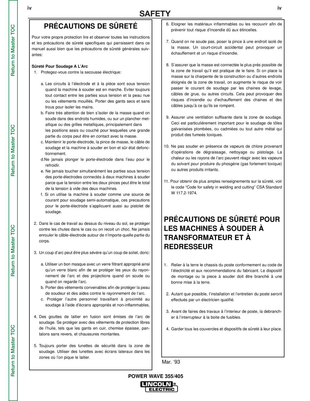 Lincoln Electric SVM159-A service manual Précautions DE Sûreté, Sûreté Pour Soudage a L’Arc 