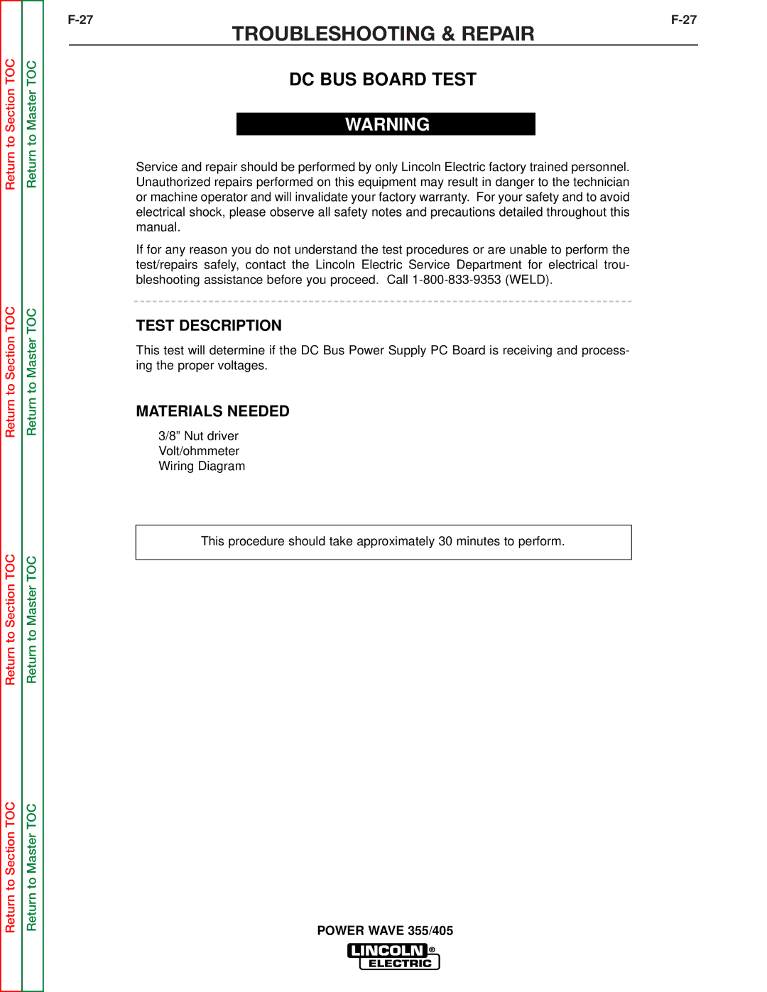 Lincoln Electric SVM159-A service manual DC BUS Board Test, Test Description, Materials Needed 