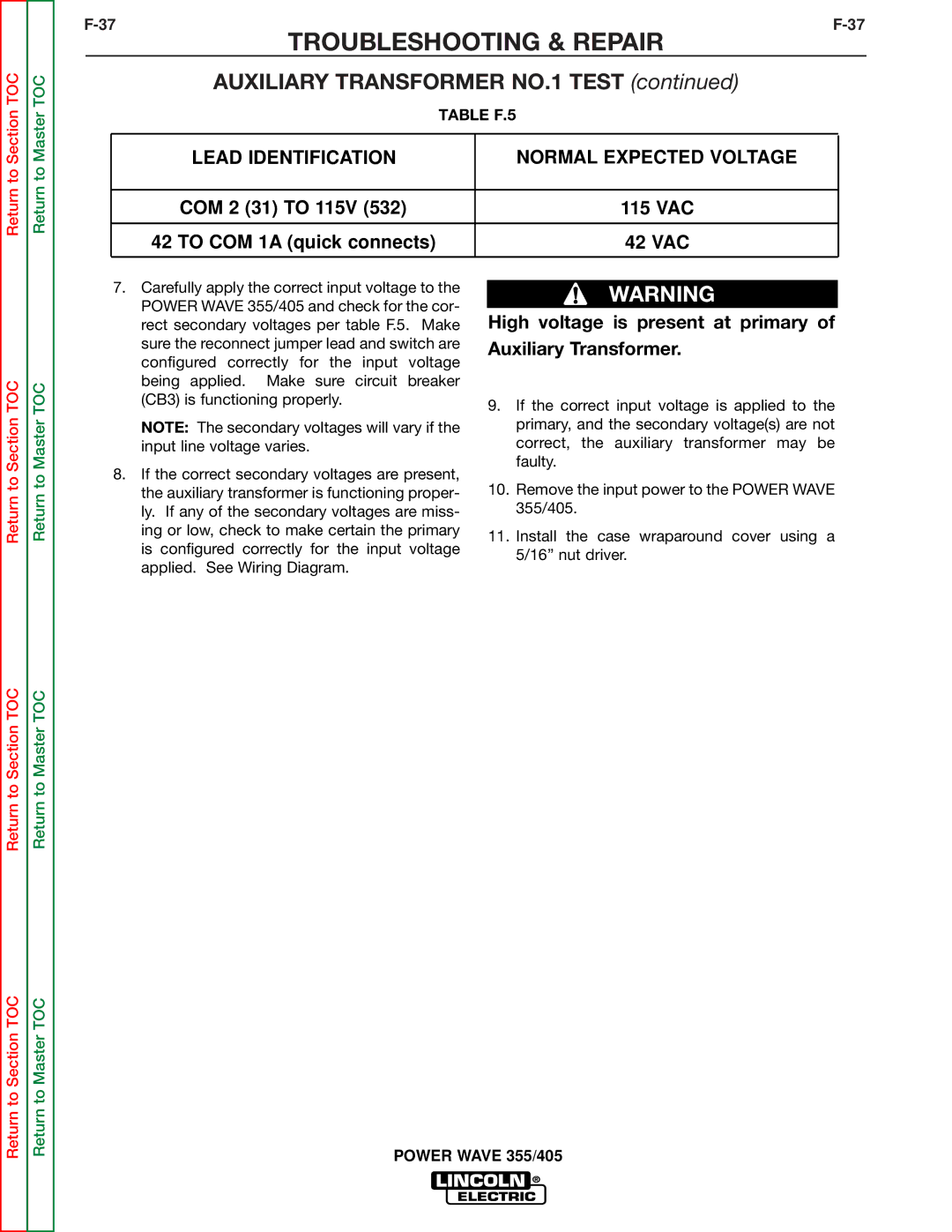 Lincoln Electric SVM159-A service manual Auxiliary Transformer NO.1 Test, Normal Expected Voltage 