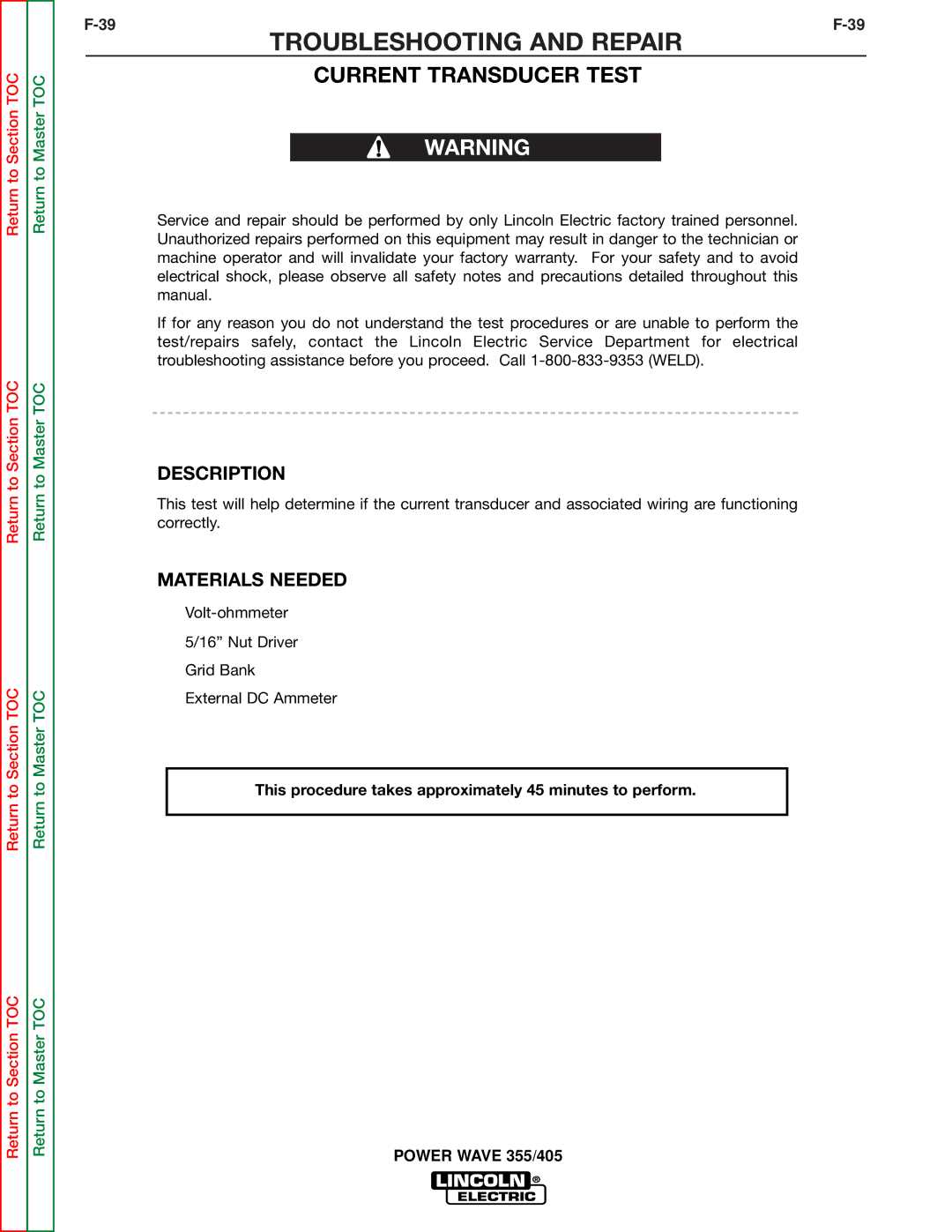 Lincoln Electric SVM159-A service manual Troubleshooting and Repair, Current Transducer Test 