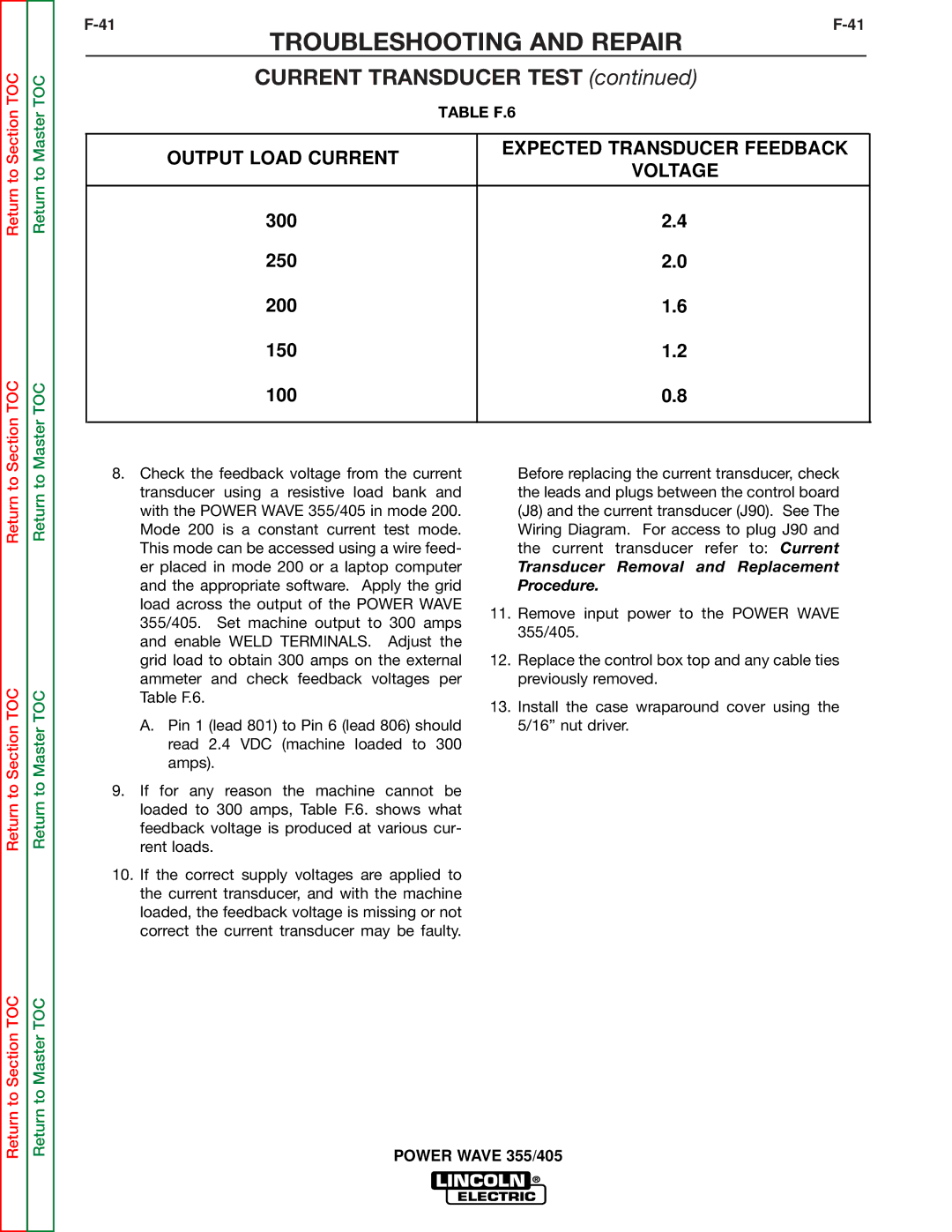 Lincoln Electric SVM159-A service manual Output Load Current, Transducer Removal and Replacement Procedure 