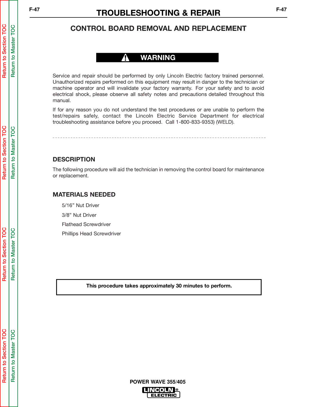 Lincoln Electric SVM159-A service manual Troubleshooting & Repair, Control Board Removal and Replacement 