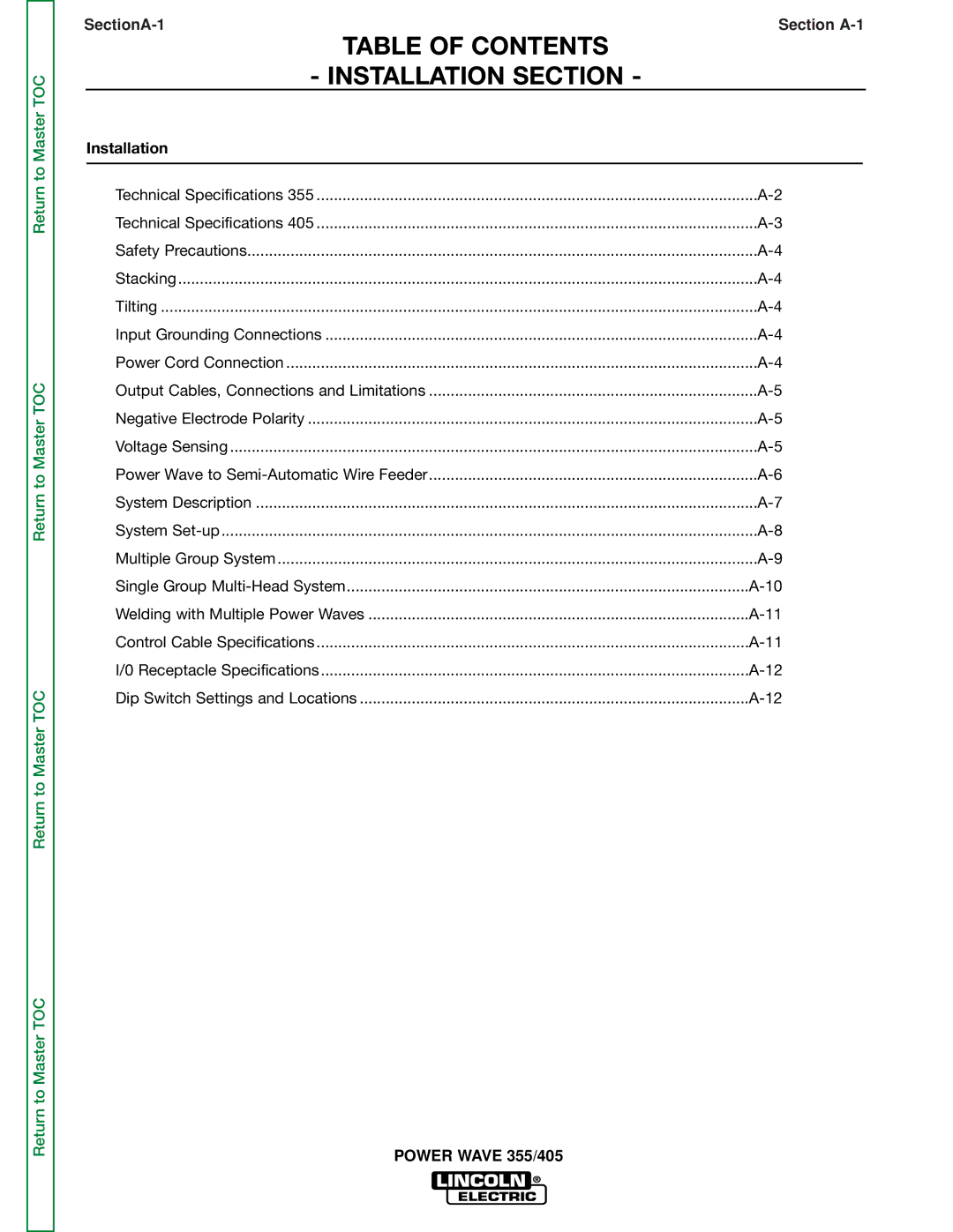 Lincoln Electric SVM159-A service manual Table of Contents Installation Section 