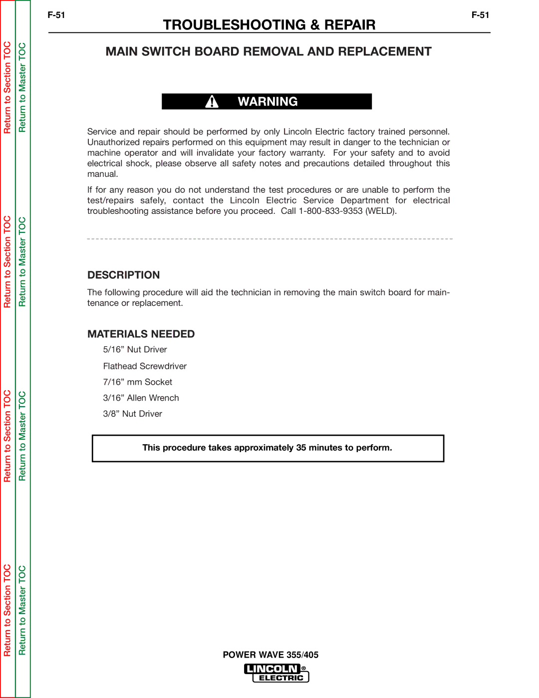 Lincoln Electric SVM159-A service manual Main Switch Board Removal and Replacement 