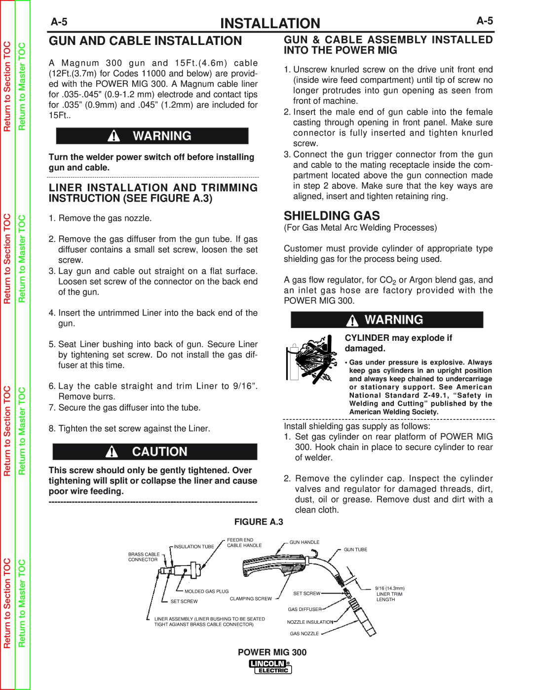 Lincoln Electric SVM160-B GUN and Cable Installation, Liner Installation and Trimming Instruction see Figure A.3 