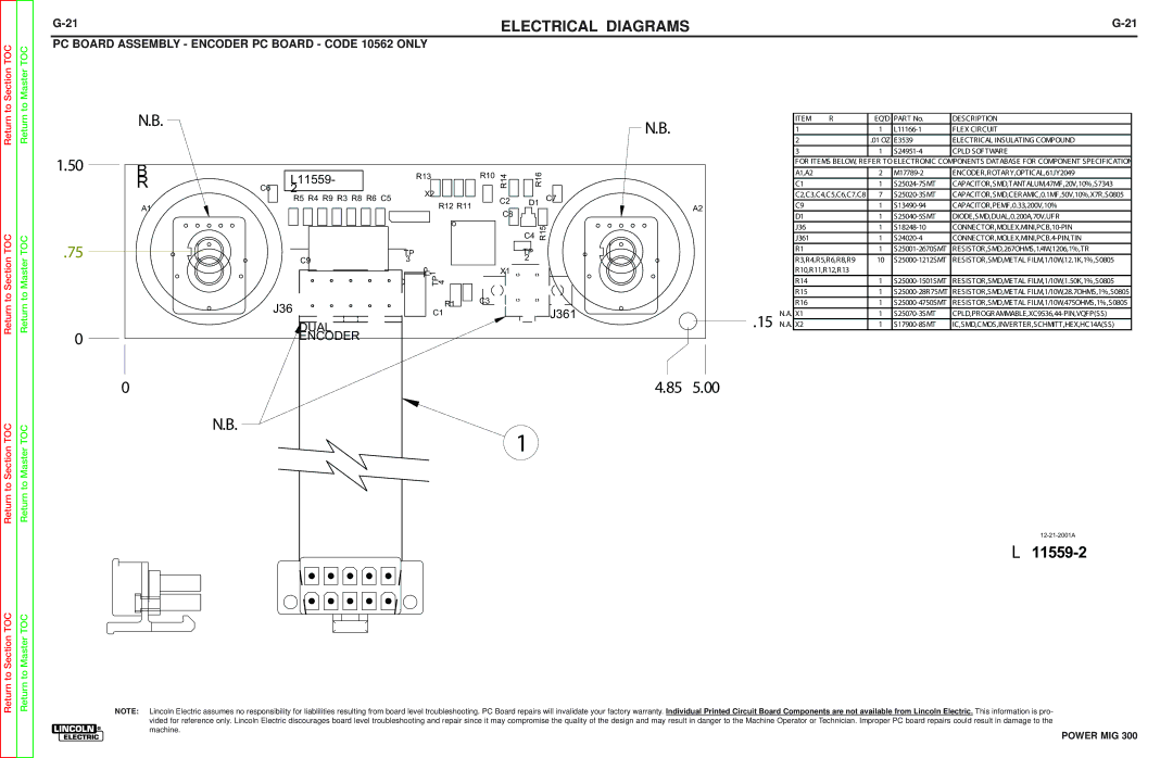 Lincoln Electric SVM160-B service manual 50 B R, PC Board Assembly Encoder PC Board Code 10562 only 