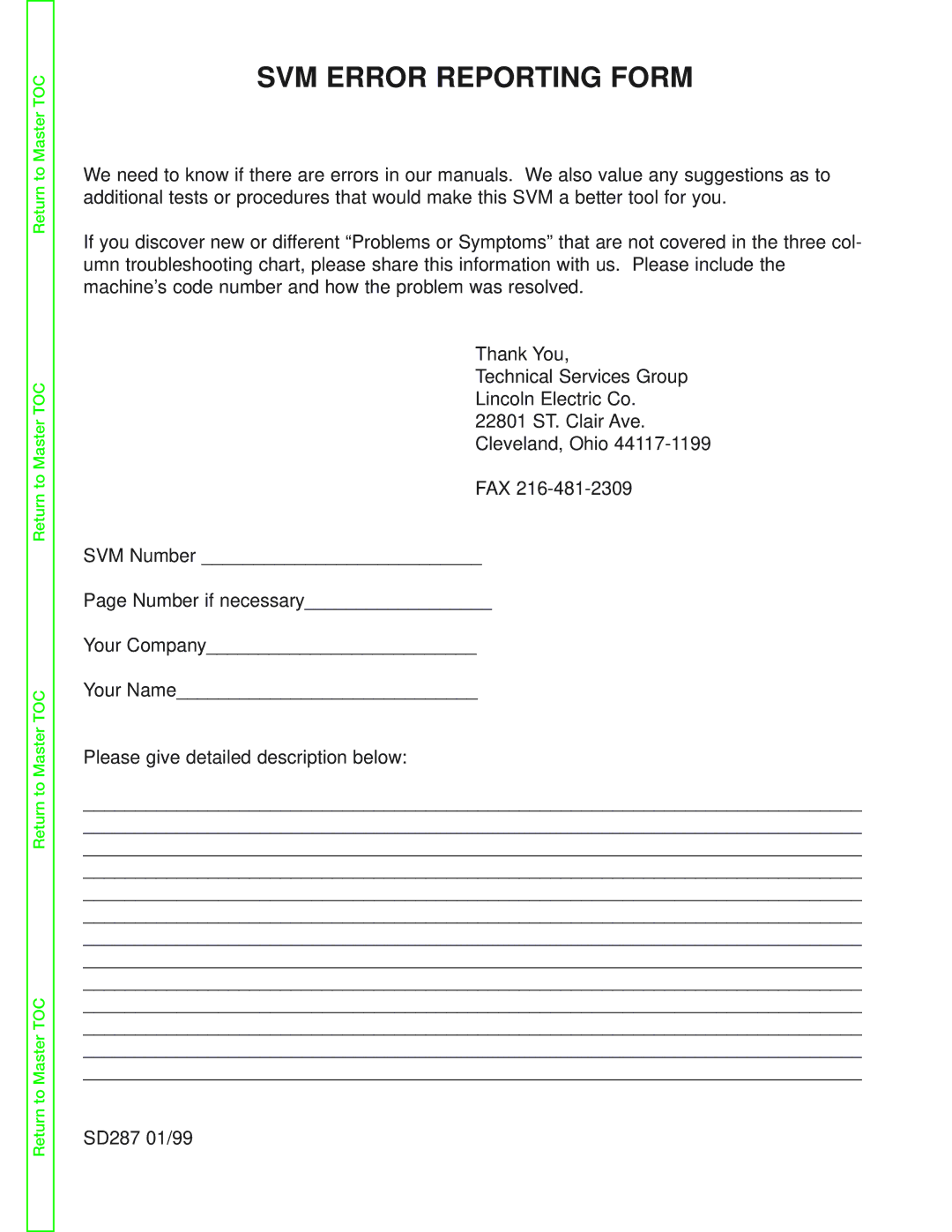 Lincoln Electric SVM160-B service manual SVM Error Reporting Form 