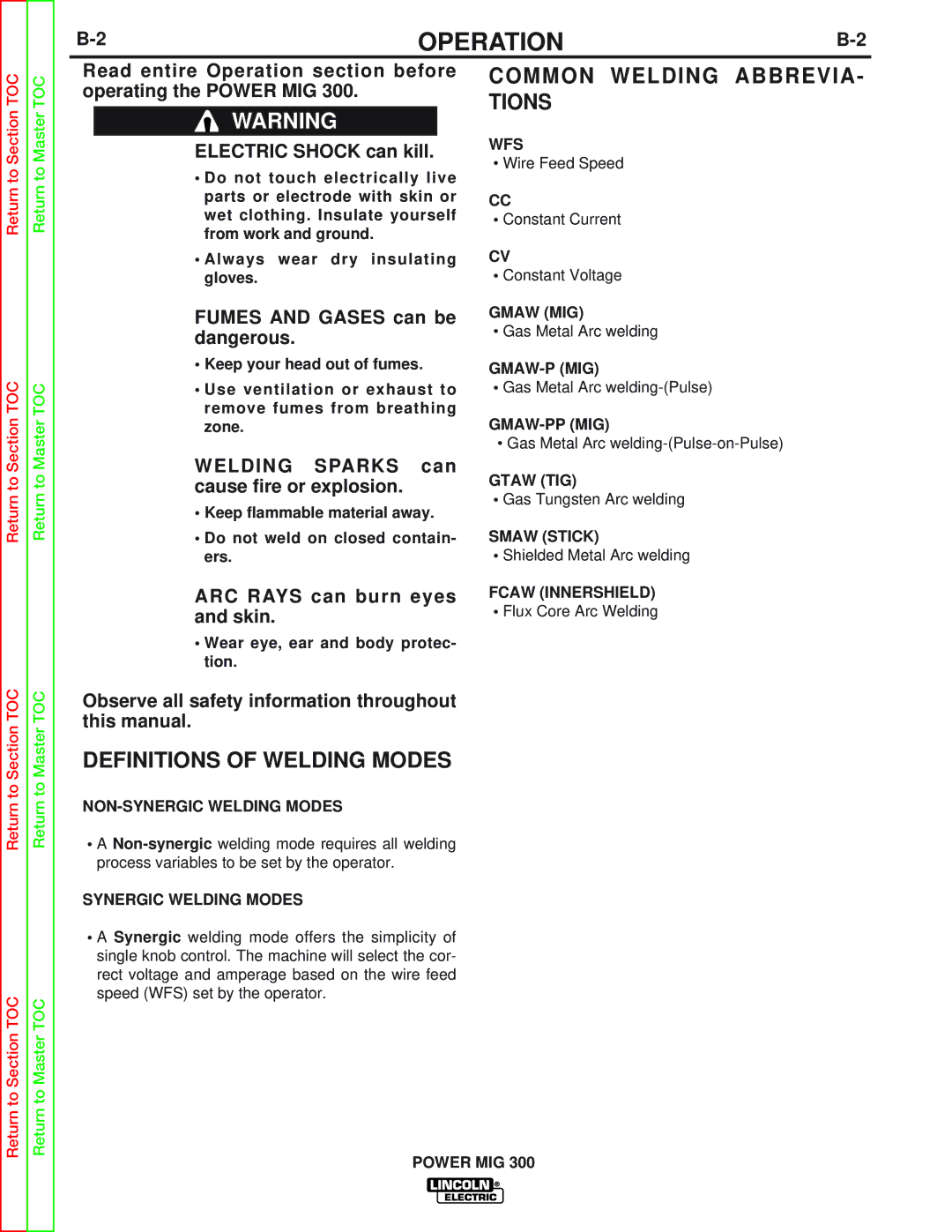 Lincoln Electric SVM160-B service manual Operation, Common Welding Abbrevia, Tions, Definitions of Welding Modes 