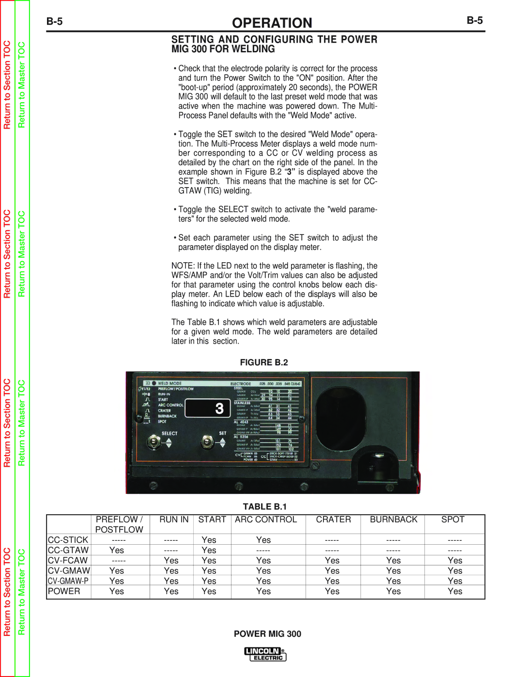 Lincoln Electric SVM160-B service manual 5OPERATIONB-5, Setting and Configuring the Power MIG 300 for Welding 