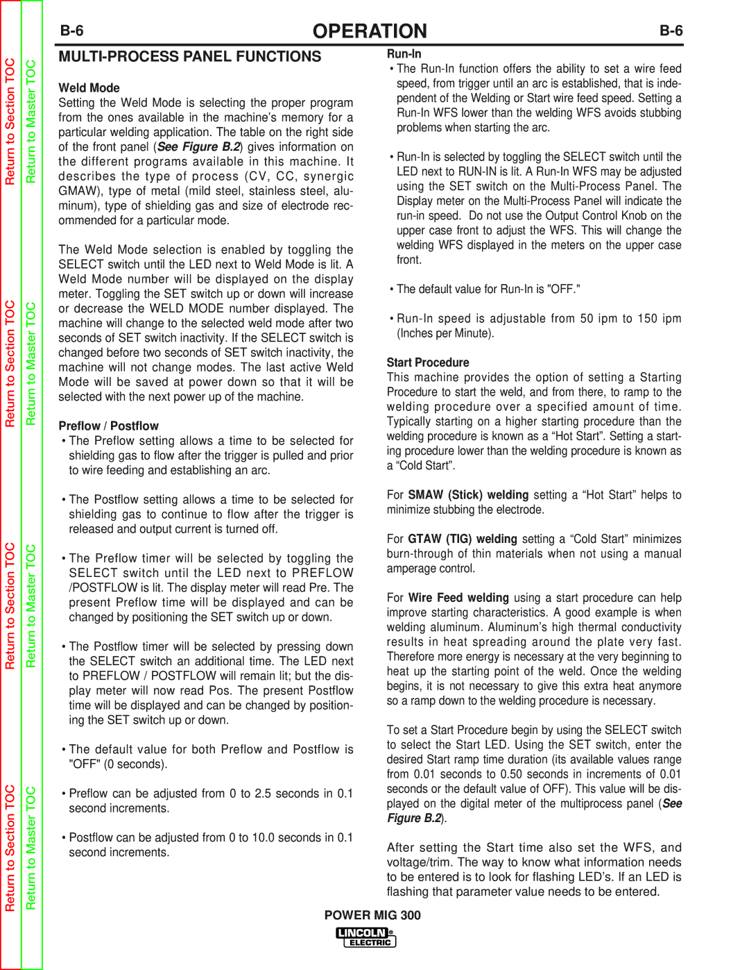 Lincoln Electric SVM160-B MULTI-PROCESS Panel Functions, Weld Mode, Preflow / Postflow, Run-In, Start Procedure 