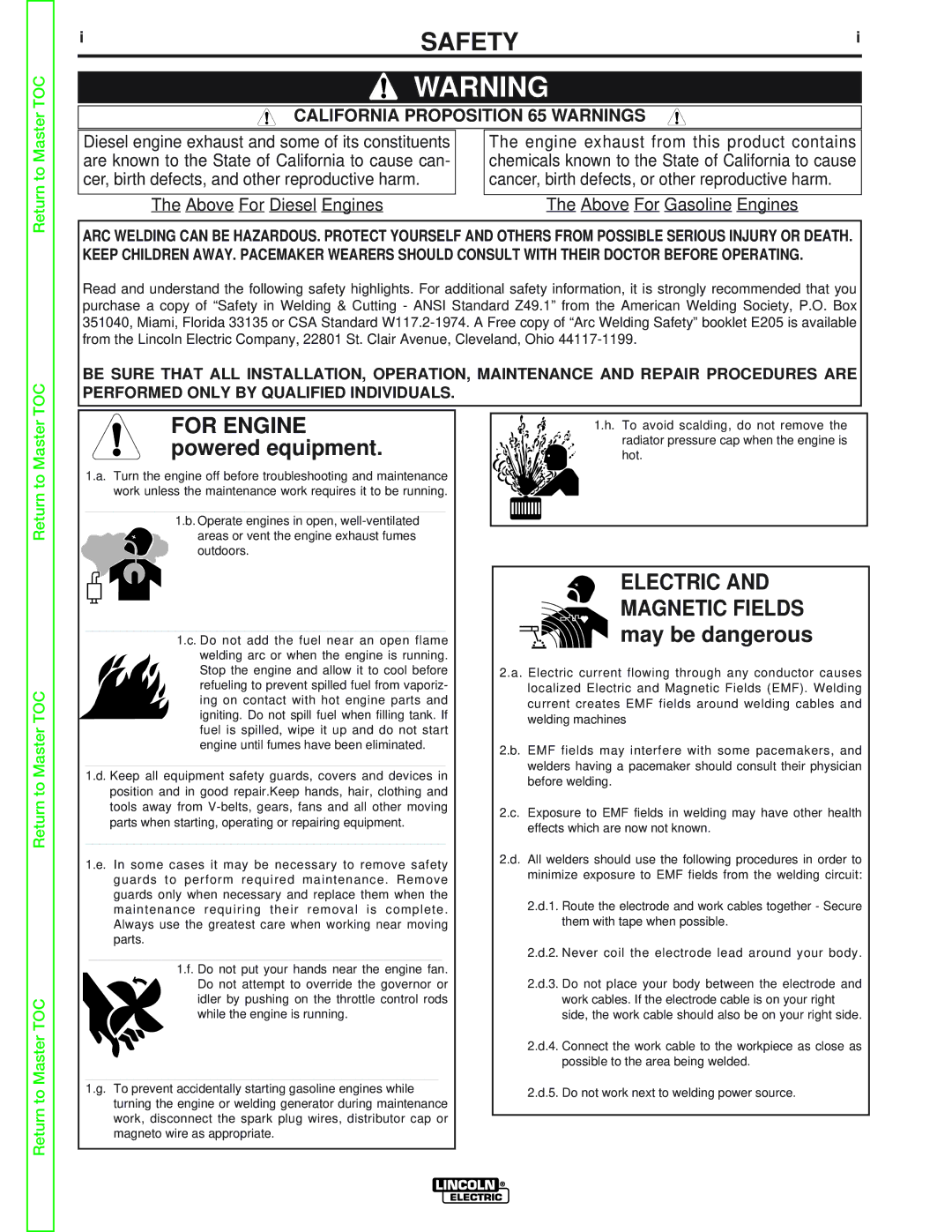 Lincoln Electric SVM160-B service manual Safety, California Proposition 65 Warnings 