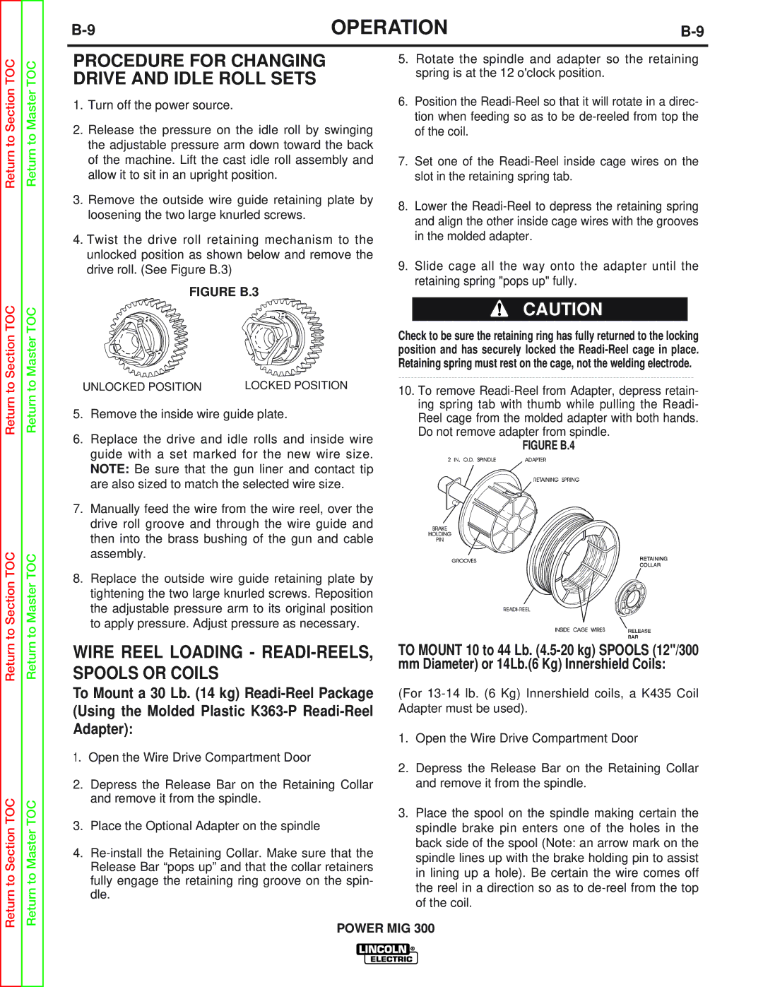 Lincoln Electric SVM160-B Procedure for Changing Drive and Idle Roll Sets, Wire Reel Loading READI-REELS, Spools or Coils 