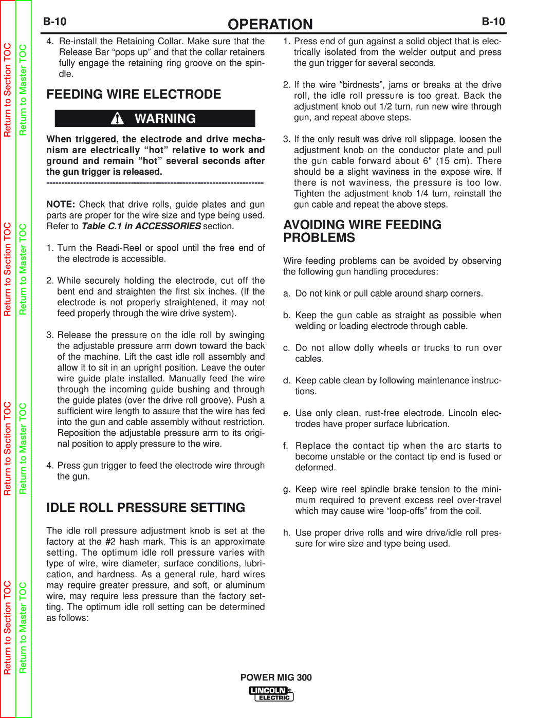 Lincoln Electric SVM160-B service manual Feeding Wire Electrode, Idle Roll Pressure Setting, Avoiding Wire Feeding Problems 