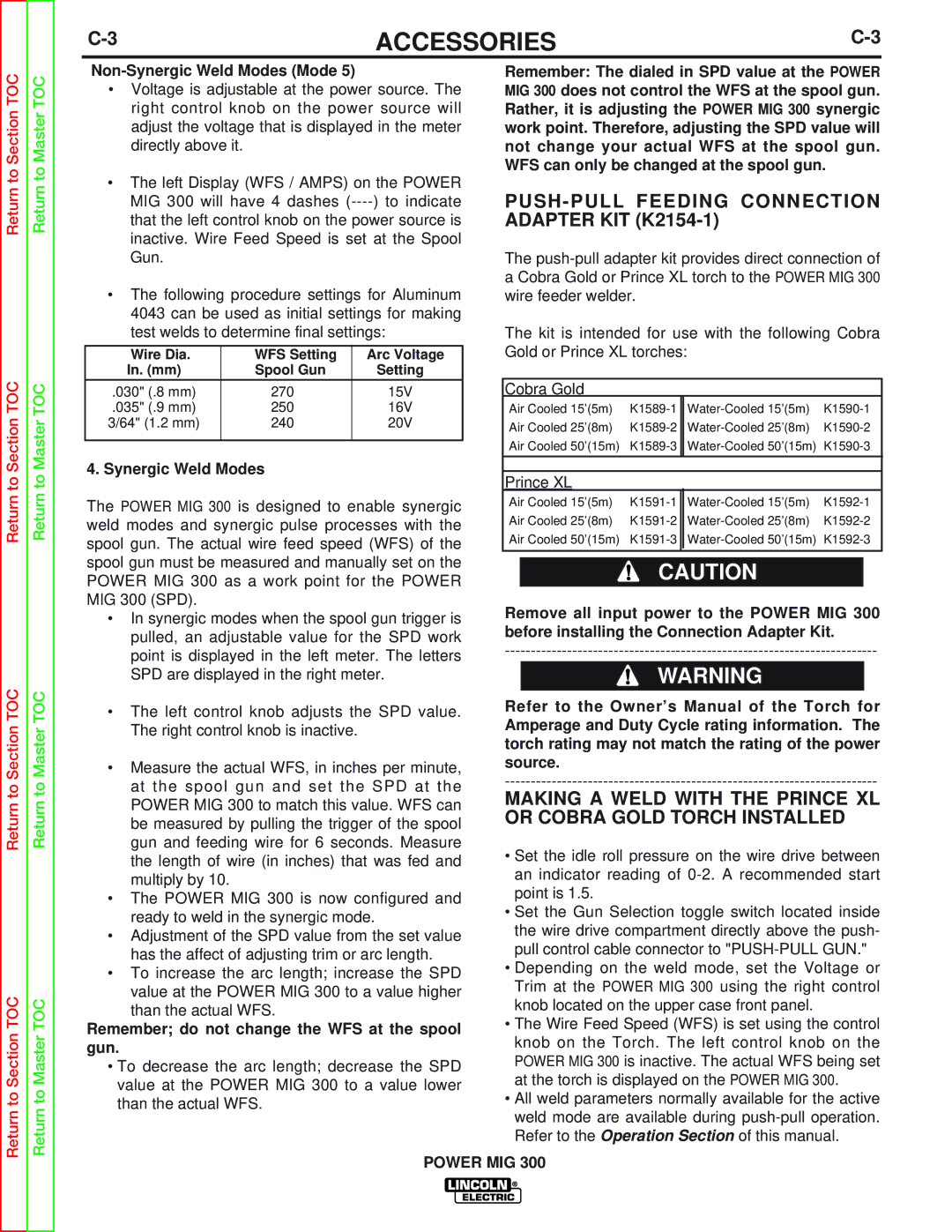 Lincoln Electric SVM160-B service manual PUSH-PULL Feeding Connection Adapter KIT K2154-1, Non-Synergic Weld Modes Mode 