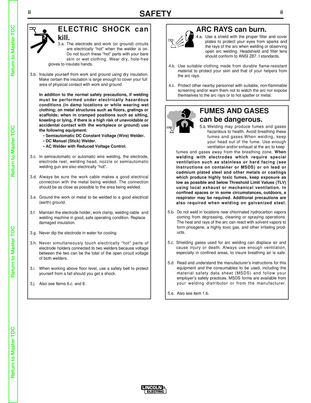 Lincoln Electric SVM160-B service manual Electric Shock can kill, ARC Rays can burn, Fumes and Gases can be dangerous 