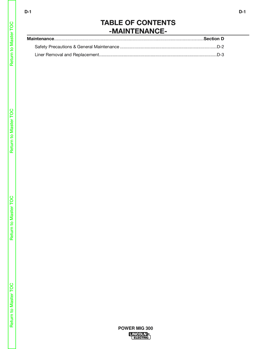 Lincoln Electric SVM160-B service manual Table of Contents Maintenance 