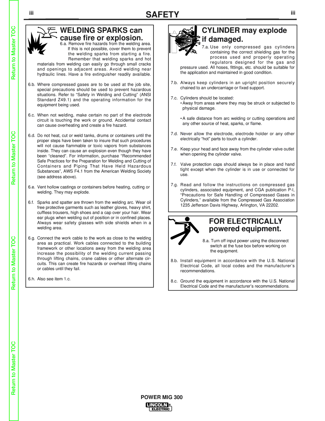 Lincoln Electric SVM160-B service manual Welding Sparks can cause fire or explosion, Cylinder may explode if damaged, Iii 