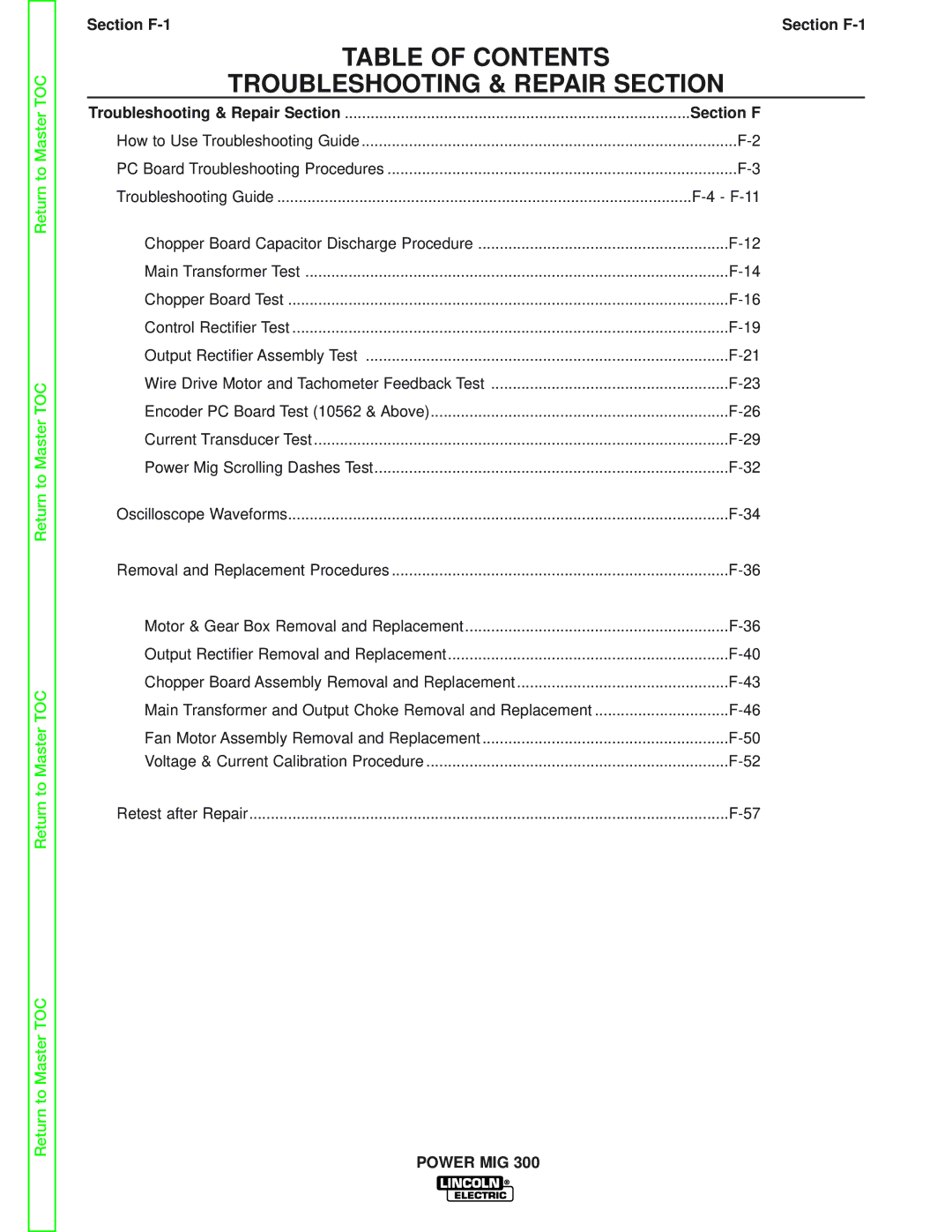 Lincoln Electric SVM160-B service manual Table of Contents Troubleshooting & Repair Section 