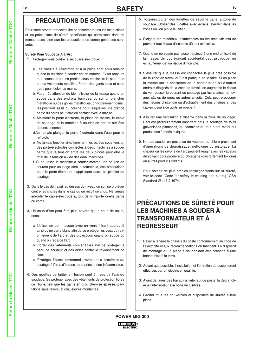 Lincoln Electric SVM160-B service manual Précautions DE Sûreté, Sûreté Pour Soudage a L’Arc 