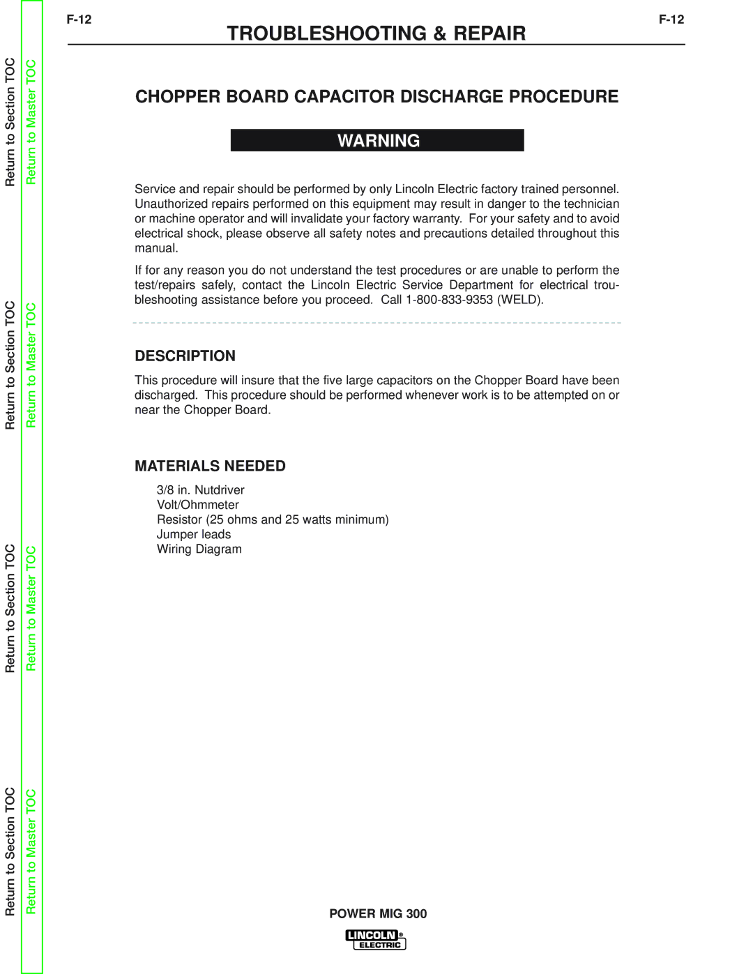 Lincoln Electric SVM160-B service manual Chopper Board Capacitor Discharge Procedure, Materials Needed 