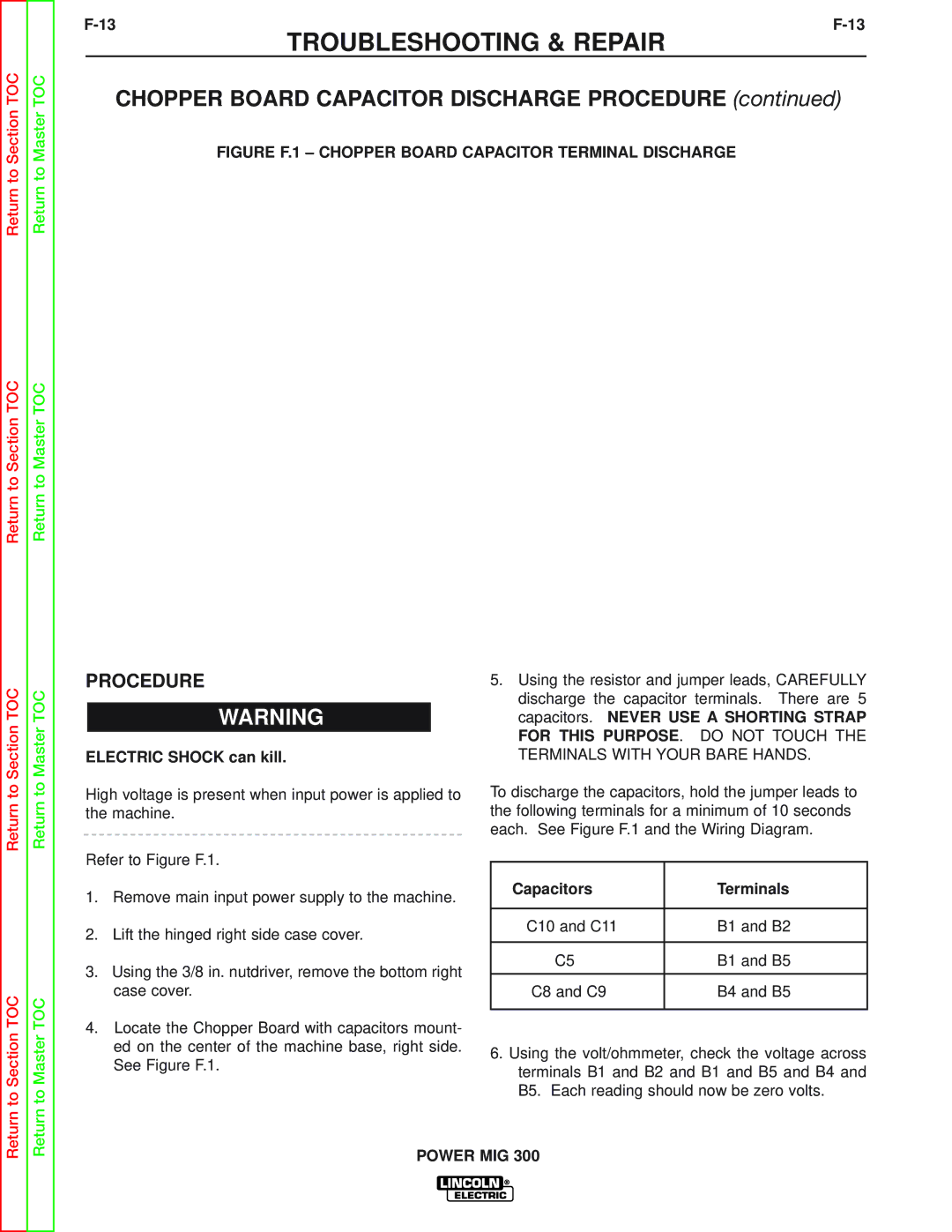 Lincoln Electric SVM160-B service manual Chopper Board Capacitor Discharge Procedure, Capacitors Terminals 